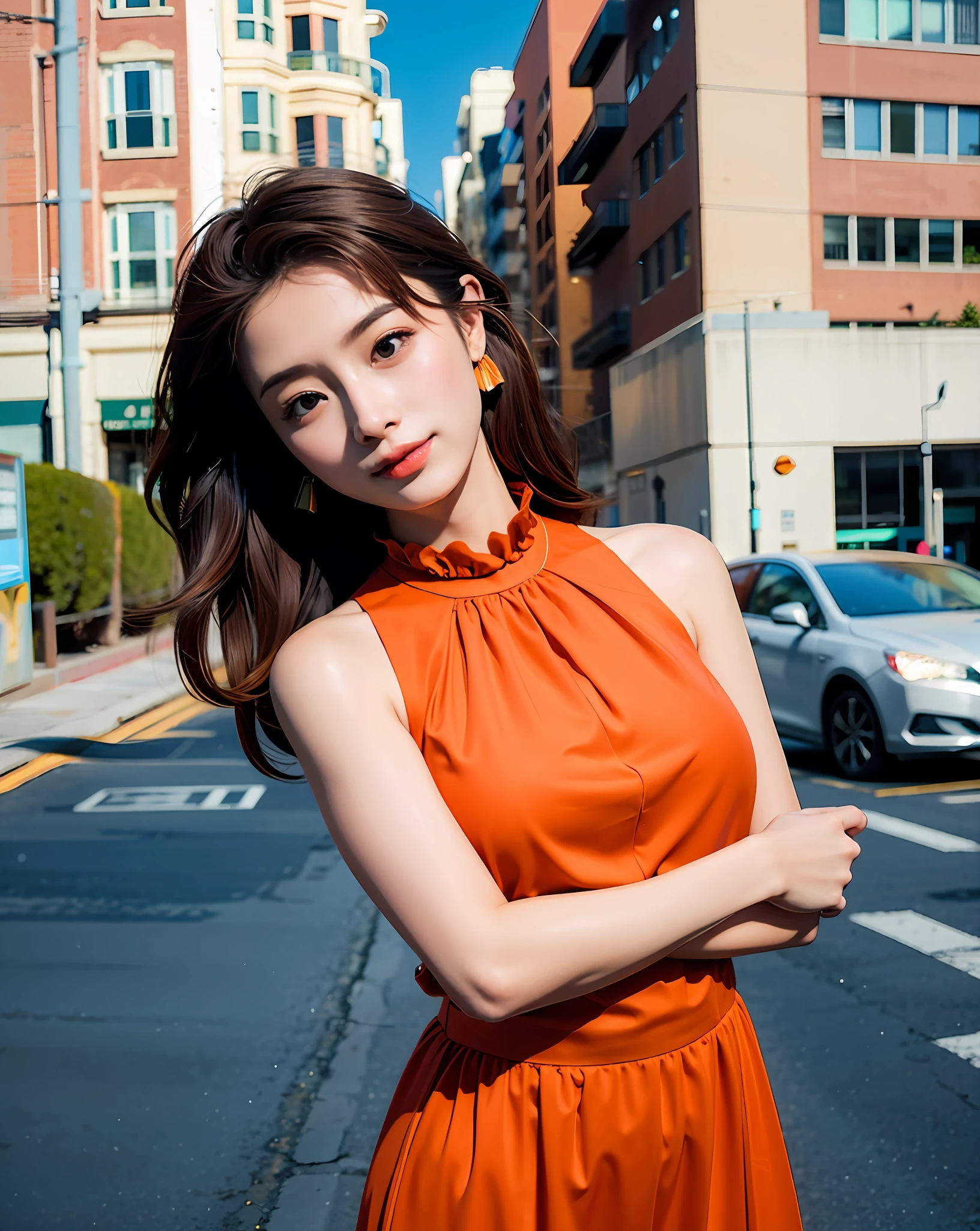 a woman posing on the street corner with light orange dress on, best quality, high res, 8k, 1girl, (huge breasts), day, bright, outdoor, (street:0.8), (people, crowds:1), (lace-trimmed dress:1.5, light orange clothes:1.5, orange high-neck dress:1.5, sleeveless dress, orange dress: 1.5), gorgeous, (medium hair), beautiful detailed sky, beautiful earrings, (dynamic pose:0.8), (upper body:1.2), soft lighting, wind, shiny skin, looking at viewer,