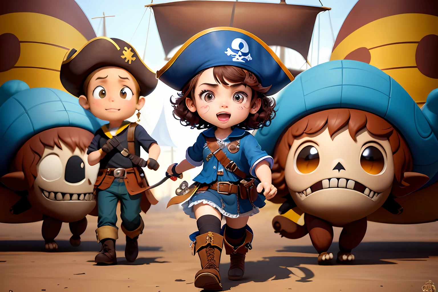 Portrait of a 2d character of a pirate girl, short curly hair, blue pirate hat with a skull, wearing brown boots, side view, front view, perspective view, ((face with passionate expression)), (character expression sheet), (walking), (((children's book style)), white background, quality -- v6