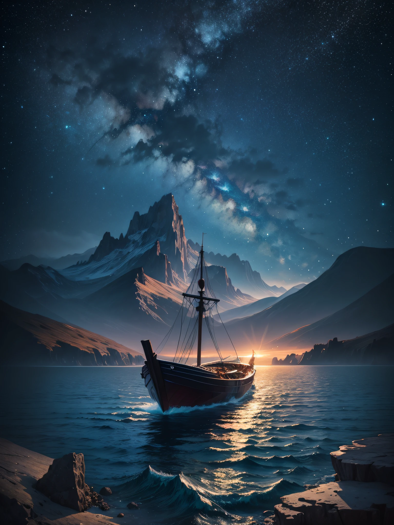 a vast ocean with surrounding mountain in magical starry night. a tiny ancient boat seen from afar. masterpiece, best quality, high detailed
