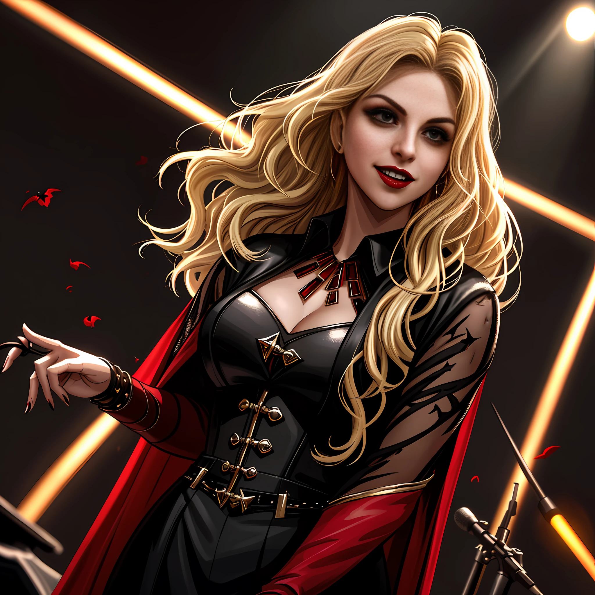 (extremely detailed 8k wallpaper), dark theme, Vampire the Masquerade, modern horror, 2020s, beautiful adult woman, wearing red rock rupas, expensive jewelry, sharp focus, (subsurface scattering:1.1), award-winning photography, centered face, face of singer Shakira, ((a Toreador vampire)), half-body photo:1.1, long blonde hair, supernatural brown eyes:1.2, gorgeous smile, in front of the show stage, Dramatic lighting, SFW