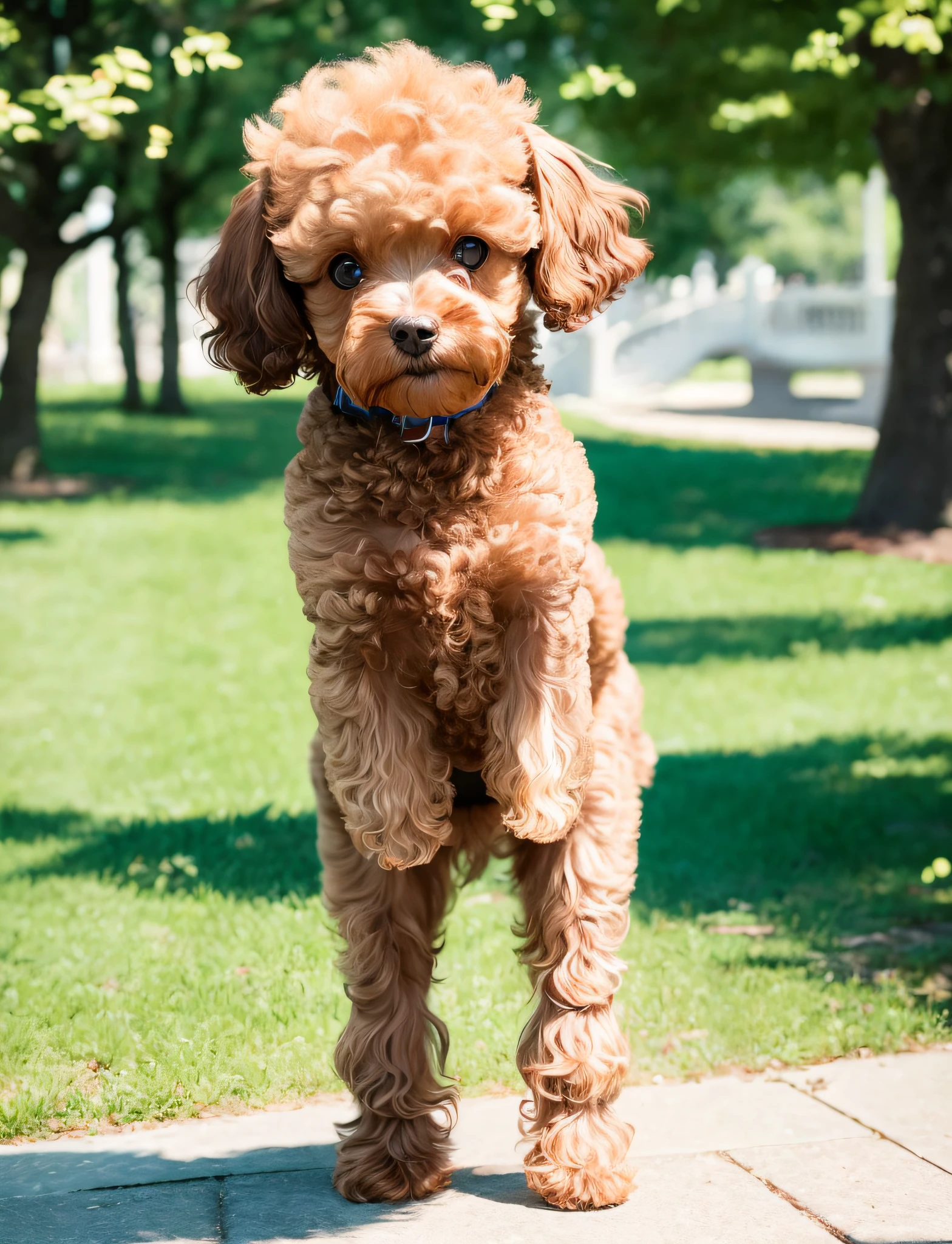 In the park, Lele, brown toy poodle, small dog, small puppy, sad, faceless, droopy corners of mouth, standing posture, 8k, professional photo, delicate, clear, sunny, light leak, masterpiece, (((cute)))), (realistic))))