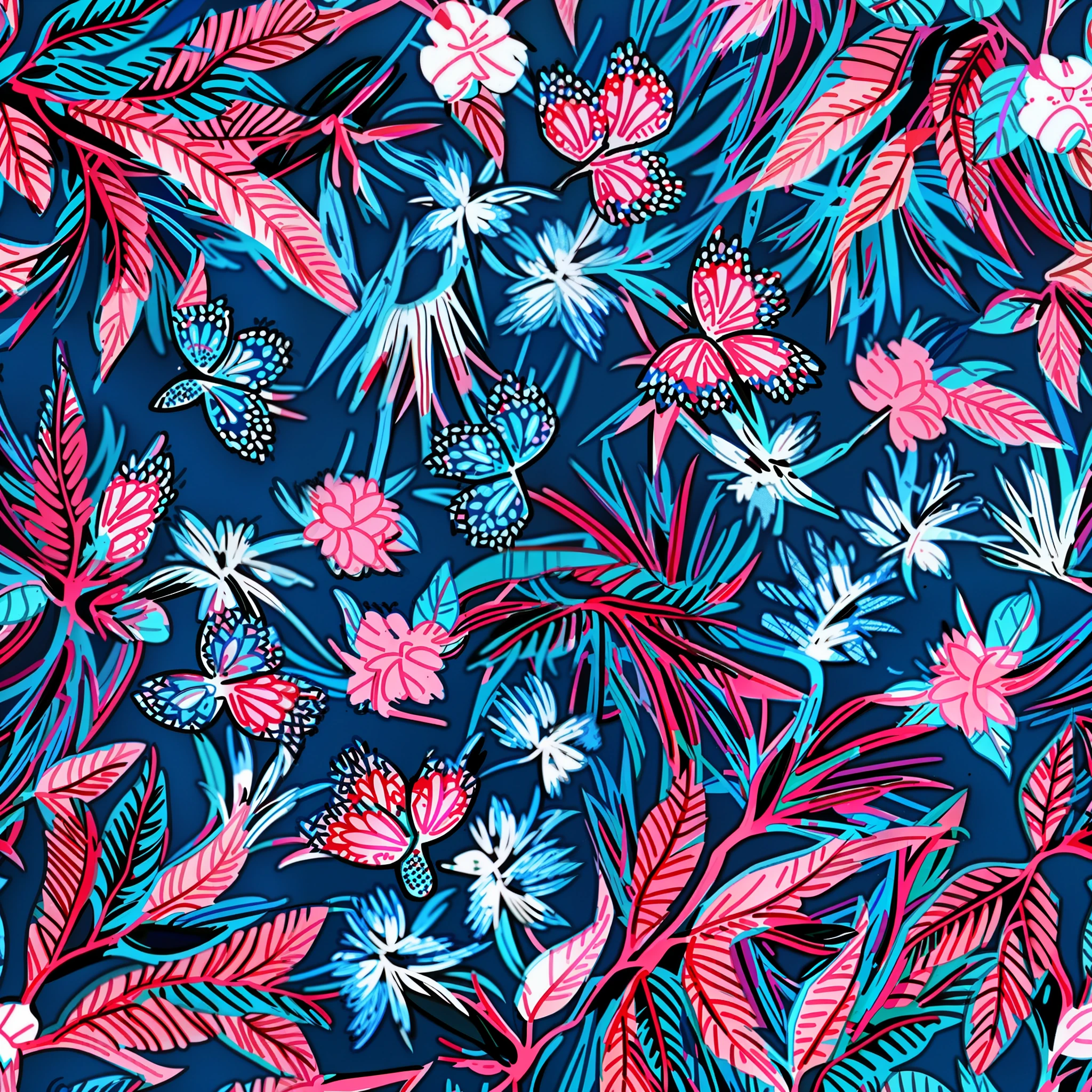 a blue and pink pattern with birds on a white background