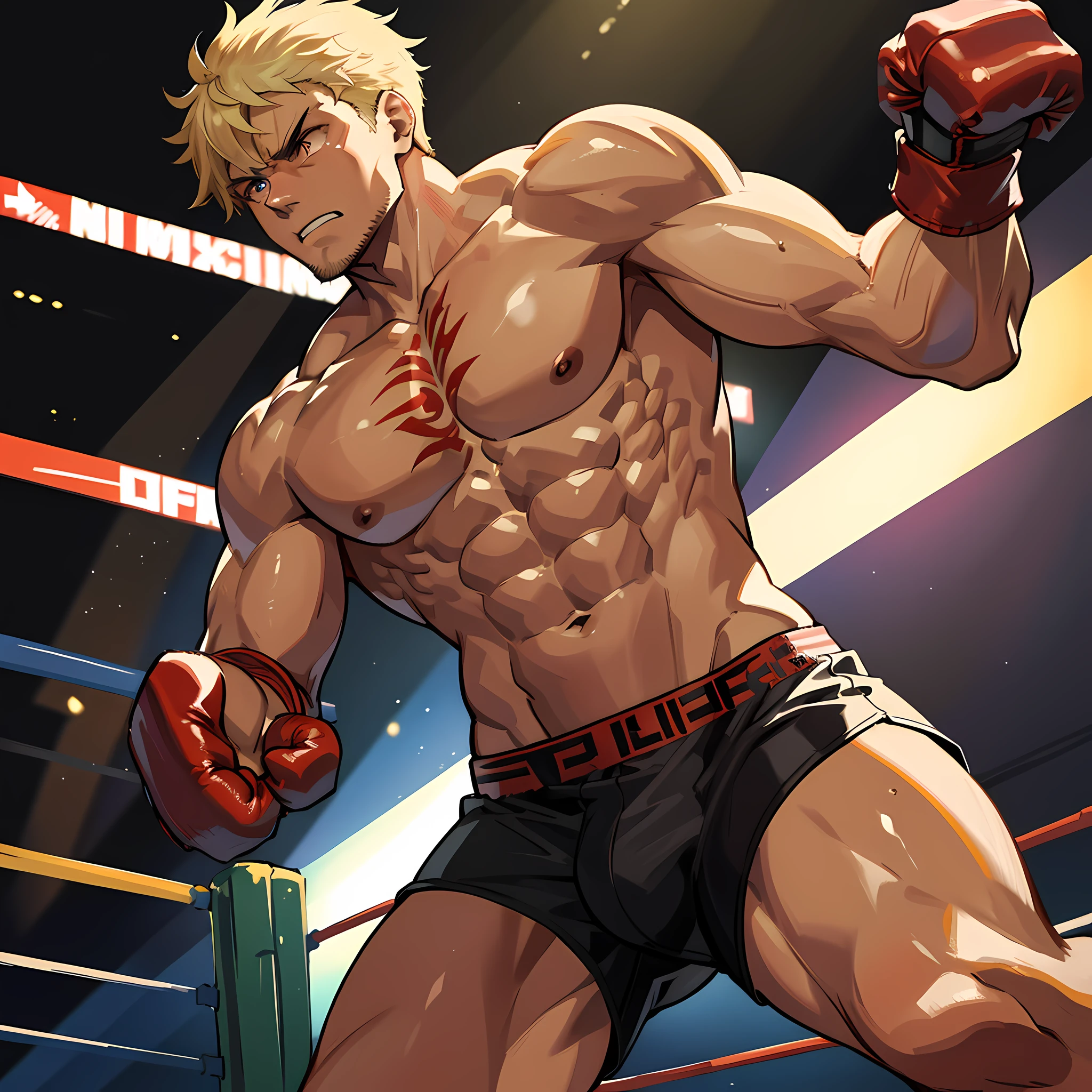 Describing the image:
The boxer pictured is an extremely muscular and well-defined individual. His imposing figure is the result of an intense training routine and dedication to boxing. He has blonde hair that forms a voluminous black power, which gives a unique and striking look.
His eyes are an intense yellow, creating a striking contrast to the black color of his skin. This combination of colors underscores his fierce and determined personality.
The boxer wears red boxing gloves, a symbol of his passion and skills in the sport. , displaying the strong, sculpted muscles that are the result of years of strenuous training.
He wears black boxing shorts, which offer freedom of movement and comfort during fights. The boxer's powerful legs demonstrate his agility and power.
On your body, it is possible to notice tribal tattoos, which represent your connection to your roots and your inner strength. These tattoos complement her striking and robust look.
The boxer is positioned in a combat posture, with his fists raised and his gaze focused on the imaginary opponent. His facial expression is serious and determined, evidencing his confidence and dexterity in the ring.
In the background, you can see the boxing ring, illuminated by reflectors, with enthusiastic spectators cheering for the fight. The environment is charged with energy and emotion, conveying the intensity and atmosphere characteristic of boxing matches.
This boxer, with his impressive appearance and aggressive fighting style, represents the determination, physical strength and technical skill that are characteristic of great boxers.