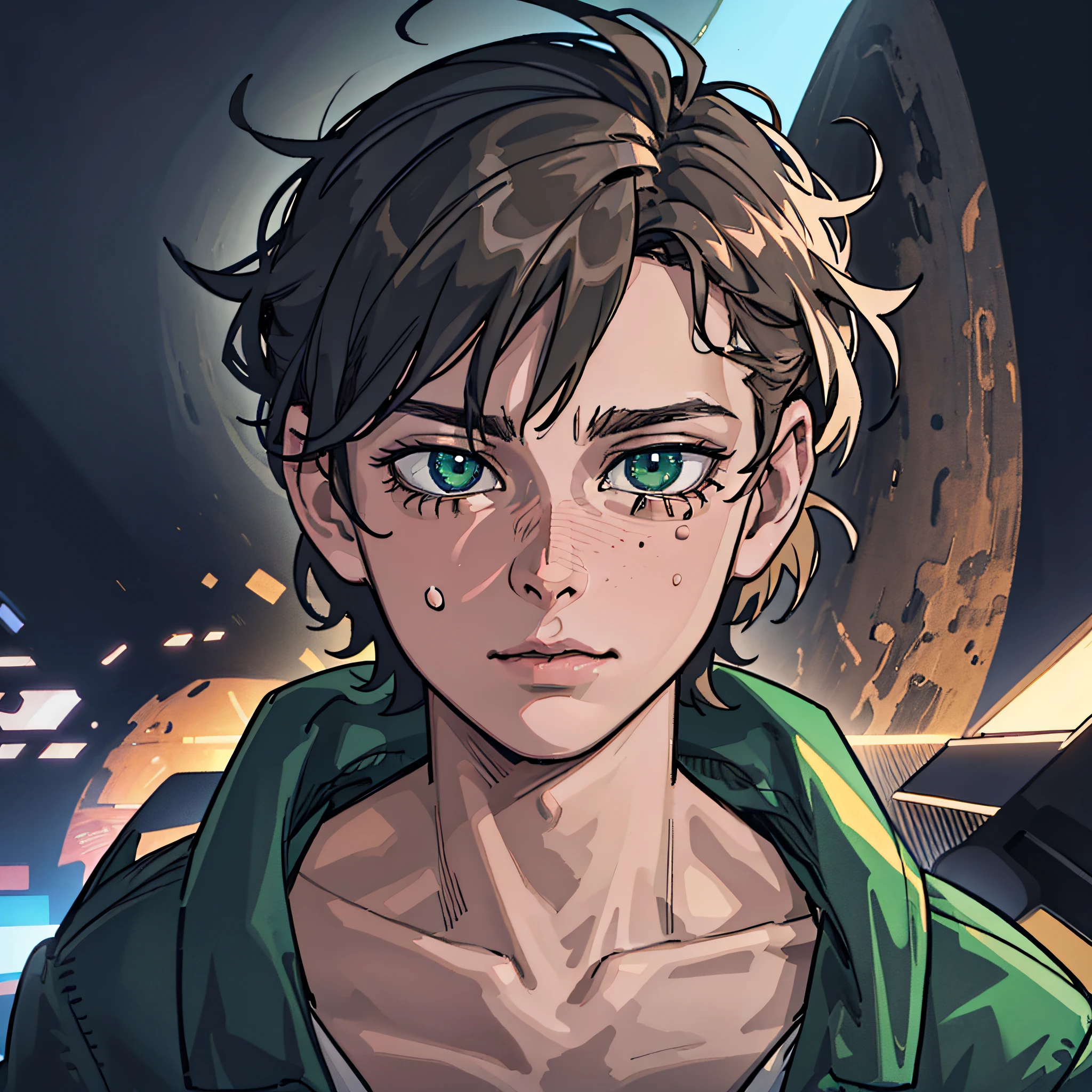 Sad character, crying black eye goo, with bleeding chest hole, light brown hair, emerald green eyes, boy, man, 17 years old, modern scientist, calm, high detail, anime, modern, Minimalism, Romanticism, realism, anime style, depth of field, cinematic lighting, motion blur, chromatic aberration, blurry, bright light, ray tracing, bloom, drop shadow, optical illusion, vignette, silhouette, UHD, anatomically correct, high details, high quality, super detail, highres, 16k