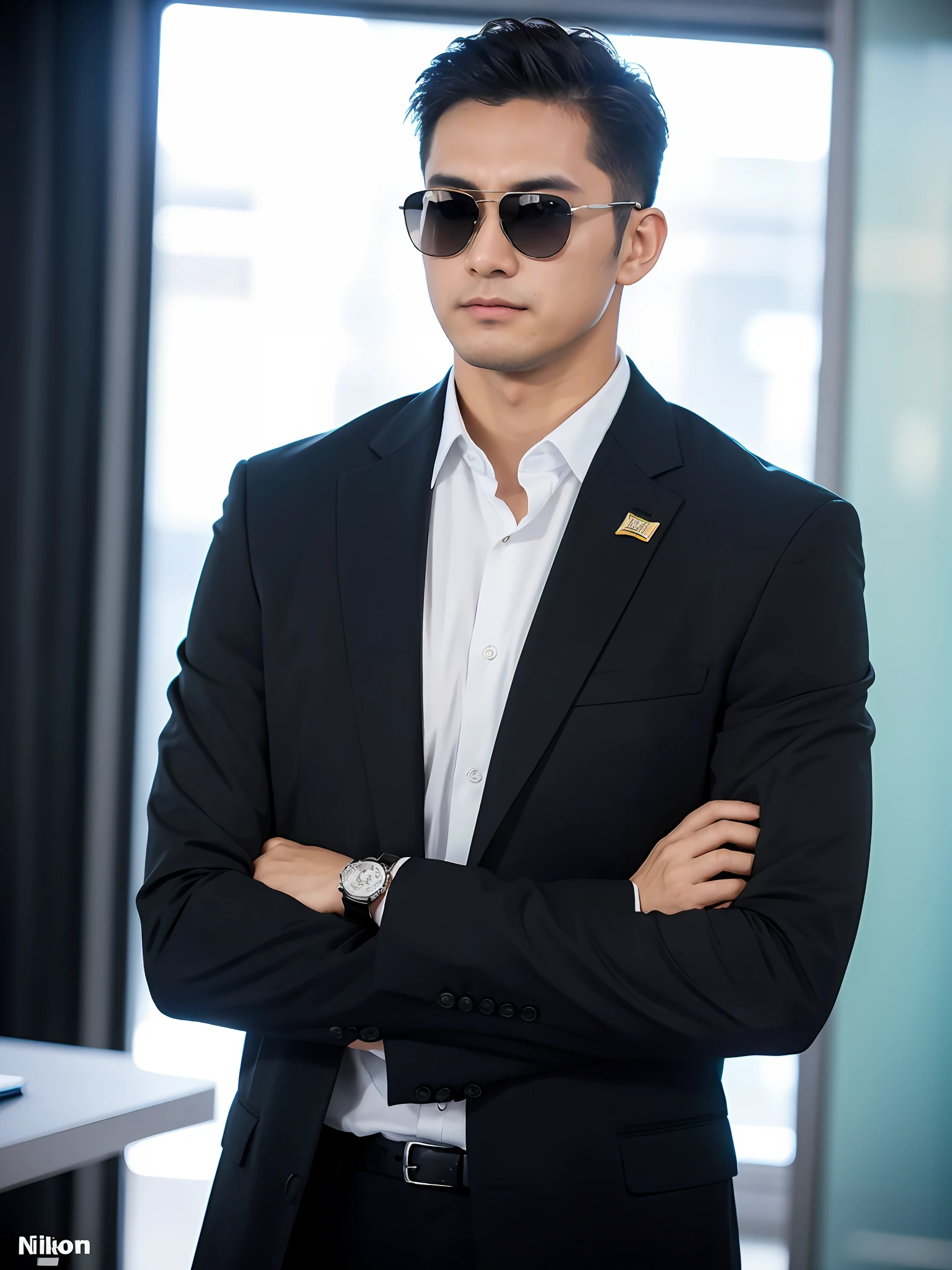 Nikon RAW Photos, 8k, Fujifilm XT3, Masterpiece, Top Quality, Realistic, Photorealistic, Ultra Detailed, 1 Men, Solo, Handsome, Sunglasses, Dignified, Powerful, Confident, Arms crossed in front of the chest, Looking straight at us, Looking at the viewer, Beautiful face,
upper body portraits, close-up photos,

standing straight, office, black recruit suit, seminar lecturer,