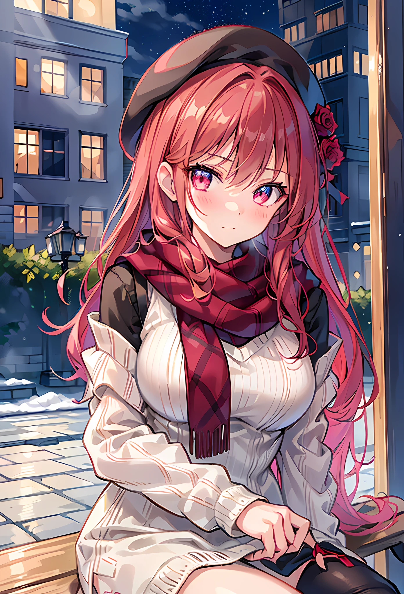 {{{{masterpiece, realistic, extremely detailed, intricate details, sharp focus, 8K, highres, depth of field, absurdres, high quality facial shadowing, dynamic shadowing, cinematic lighting, perfect lighting}}}}, best quality, asian qualities, {facing viewer}, {front view}, {hands behind back}, {solo}, beautiful young girl, {{{extremely detailed girl, perfect anatomy, perfect body, {glowing skin}}}}, {{{beautiful-detailed vibrant ruby red angle halo}}}, {{{beautiful-detailed luscious hip-length vibrant dark brown to ruby red hair}}}, {{{luscious multi-layered hair}}}, {beautiful-detailed facial structure}, {detailed beautiful face}, {detailed face:1.33}, {{cute face}}, {{sexy face}}, {{beautiful-detailed eyes}}, big eyes, {{{{detailed glowing ruby red eyes}}}}, {{{{high-detailed sharp clear unclouded vibrant white eye pupils}}}}, {{{{vibrant eye colors}}}}, {{detailed small boobs}}, {{breast apart}}, {{slim arms}}, {{{{beautiful-detailed fingers}}}}, {{slim waist}}, {{slim legs}}, {detailed facial expressions}, {{visible blushing}}, {{tsundere}}, {{flustered expression}} {{slightly opened mouth}}, fashion, dating outfit, {{{beautiful-detailed dark-brown beret}}}, {{vibrant-colored scarf}}, {{{beautiful-detailed blood red scarf}}}, {{{beautiful-detailed brown knitted fleece sweater}}}, {{{{beautiful-detailed white knee-warmer socks}}}}, {{{detailed dark-brown fluffy boots}}}, {{sitting on a bench next to a window on a cold snowy day}}, {{{enhanced background}}}, {{sunset shining light on person at dusk with clouds rolling in above}}, {{lights bouncing off viewer}}