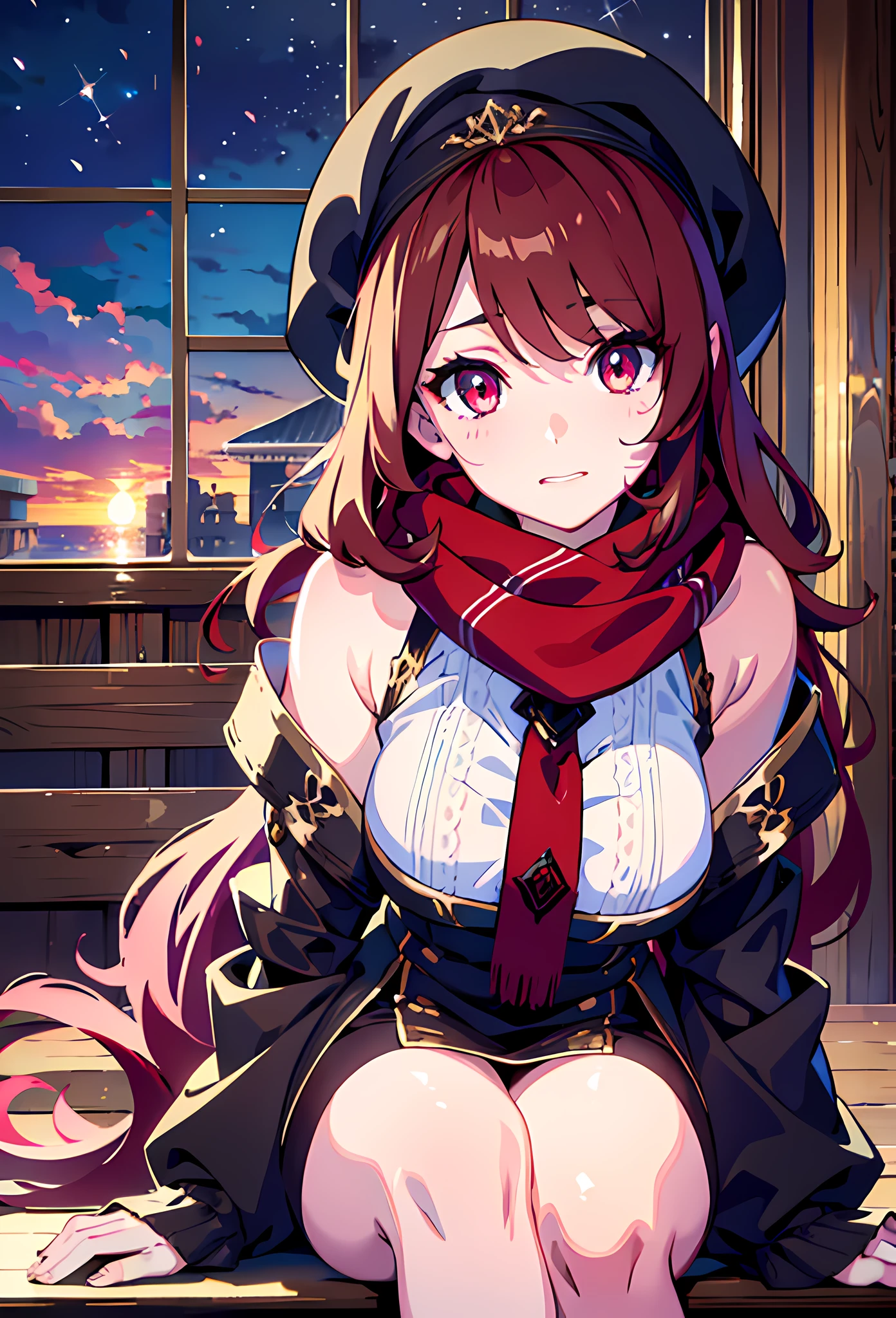 {{{{masterpiece, realistic, extremely detailed, intricate details, sharp focus, 8K, highres, depth of field, absurdres, high quality facial shadowing, dynamic shadowing, cinematic lighting, perfect lighting}}}}, best quality, asian qualities, {facing viewer}, {front view}, {hands behind back}, {solo}, beautiful young girl, {{{extremely detailed girl, perfect anatomy, perfect body, {glowing skin}}}}, {{{beautiful-detailed vibrant ruby red angle halo}}}, {{{beautiful-detailed luscious hip-length vibrant dark brown to ruby red hair}}}, {{{luscious multi-layered hair}}}, {beautiful-detailed facial structure}, {detailed beautiful face}, {detailed face:1.33}, {{cute face}}, {{sexy face}}, {{beautiful-detailed eyes}}, big eyes, {{{{detailed glowing ruby red eyes}}}}, {{{{high-detailed sharp clear unclouded vibrant white eye pupils}}}}, {{{{vibrant eye colors}}}}, {{detailed small boobs}}, {{breast apart}}, {{slim arms}}, {{{{beautiful-detailed fingers}}}}, {{slim waist}}, {{slim legs}}, {detailed facial expressions}, {{visible blushing}}, {{tsundere}}, {{flustered expression}} {{slightly opened mouth}}, fashion, dating outfit, {{{beautiful-detailed dark-brown beret}}}, {{vibrant-colored scarf}}, {{{beautiful-detailed blood red scarf}}}, {{{beautiful-detailed brown knitted fleece sweater}}}, {{{{beautiful-detailed white knee-warmer socks}}}}, {{{detailed dark-brown fluffy boots}}}, {{sitting on a bench next to a window on a cold snowy day}}, {{{enhanced background}}}, {{sunset shining light on person at dusk with clouds rolling in above}}, {{lights bouncing off viewer}}