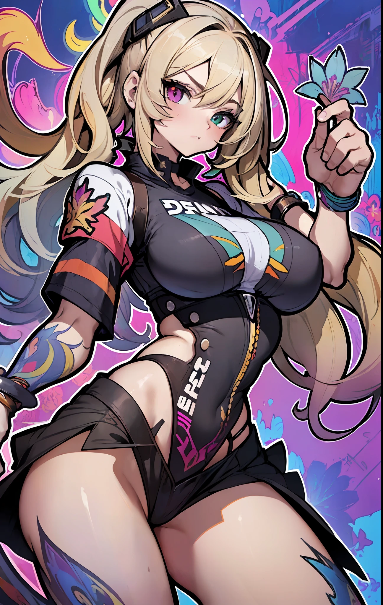 ((((espetacular))) ((heróico)) (((intenso))),background, misto-language_text, letras japonesas em graffit ,garotas, excelente iluminação, sidelighting, (), vhsKeeper,, estilo GUILTY GEAR -STRIVE perfeito ultimate (cor plana: 1.3), (magazine_cover: 1.4), (multicolored_background: 1.3), striped_background, card_background, :: estilo comix por joe madureira :: peças circulares de metais brancas coladas nos braços saindo brilho amarelo cintilante,beautiful woman with long hair ultra detailed, (beautiful and clear background:1.2),, fantastic paintings ,graffit style, flowers, olhos altamente detalhados , a t-shirt or dressed in a white blouse underneath, with both fists in a fighting position, and bracelets, fighting against an enemy, with long black hair , stained glass colored, out, vibrant, alphonse mucha style, fantastic paintings by joe madureira ,high quality, art,kelly brook beautiful woman with long blonde hair , freedom, soul, digital illustration, comic style, perfect anatomy, centered, approaching perfection, dynamic, highly detailed, watercolor painting, artstation, concept art, smooth, sharp focus, illustration, art by carne griffiths and wadim kashin,big breast,alone anime girl with a medium lenght pose and cute clothes, short pastel blonde hair , heterochromia, perfect anatomy