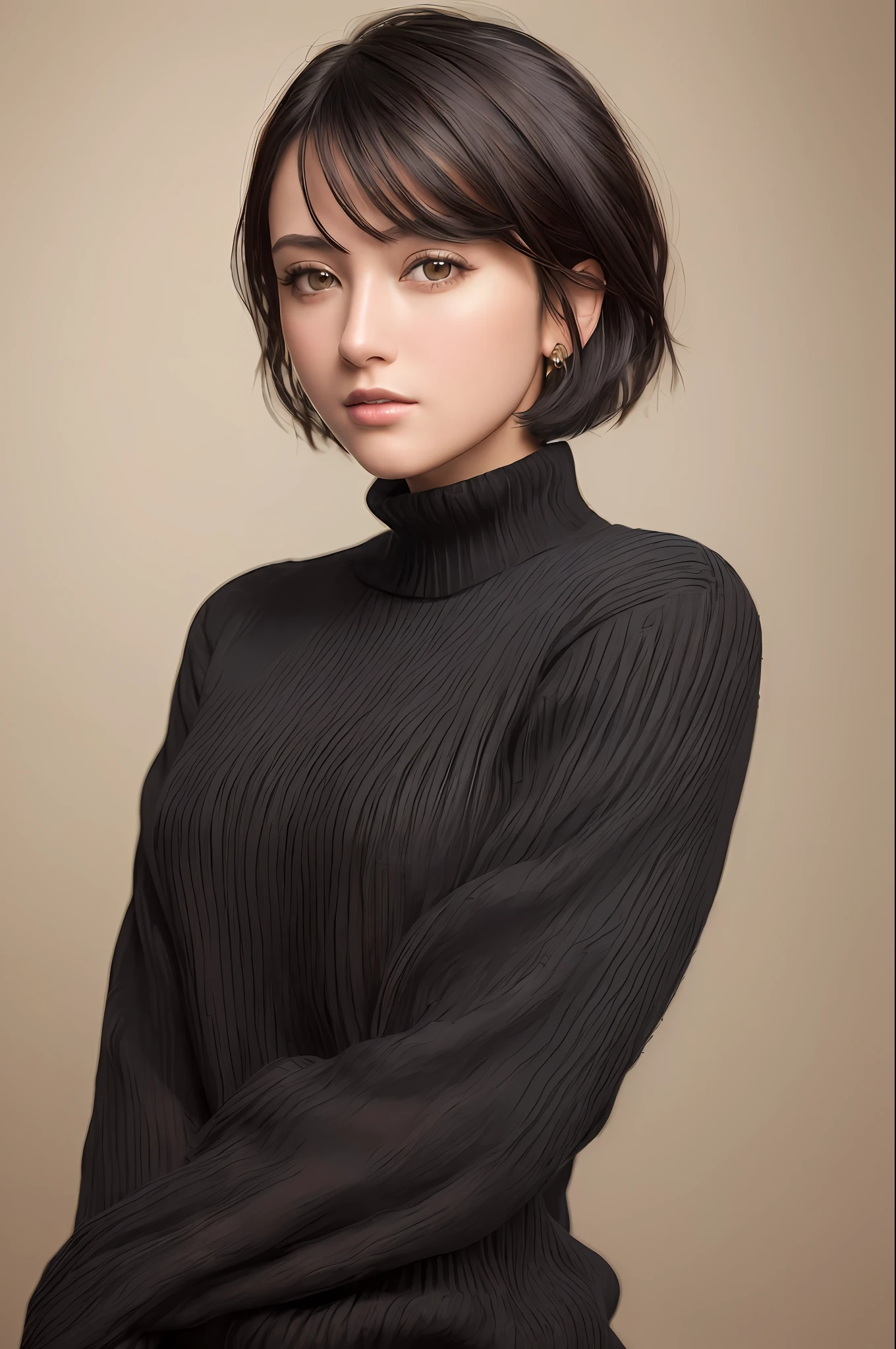 (masterpiece:1.3), (8k, photorealistic, RAW photo, best quality: 1.4), (1girl), beautiful face, (realistic face), (black hair, short hair:1.3), beautiful hairstyle, realistic eyes, beautiful detailed eyes, (realistic skin), beautiful skin, (sweater), absurdres, attractive, ultra high res, ultra realistic, highly detailed, golden ratio