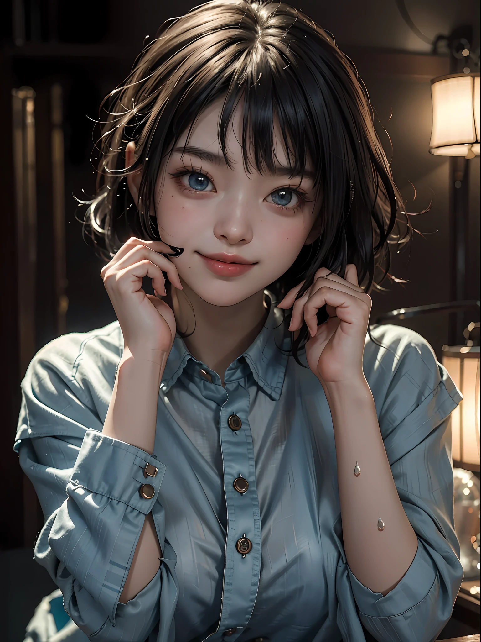 Top quality, masterpiece, super high resolution, (photoreal: 1.4), raw photo, 1 girl, Japan girl, goth loli style, unforgettable smile, moist lips, short hair, watery eyes, blue eyes, light brown hair, blush | cute and playful | adorable | thin | thick bangs | beauty | 18 years old | childish looks, full body, cinematic lighting