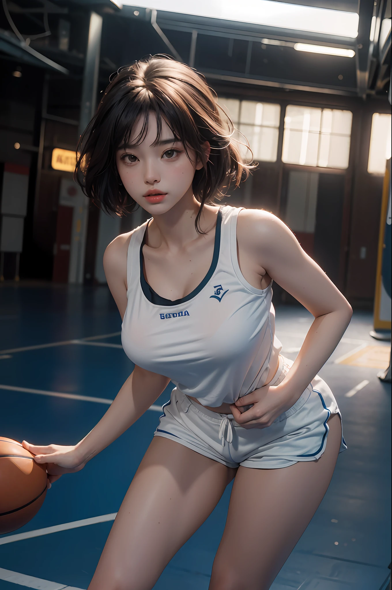 (RAW photo, 4k, masterpiece, high resolution, extremely complex) (realistic: 1.4), cinematic lighting Delicate girl with delicate facial features, oversized breasts
1 Girl, Single Focus, Summer Noon, Hot, 1990s\(Style\), White skin, Oversized breasts, Shorts, Sweat, (best quality), (Highres), (an extremely delicate and beautiful),,(Beautiful 8k face),(Brown eyes),(ulzzang-6500:1.0),(solo),( looking side),(spectators),(large breasts),(NBA),bent over,,lookside,(side), ,(Basketball sportswear),((Play basketball)),((gymnasium)),((speed)),(reality),
