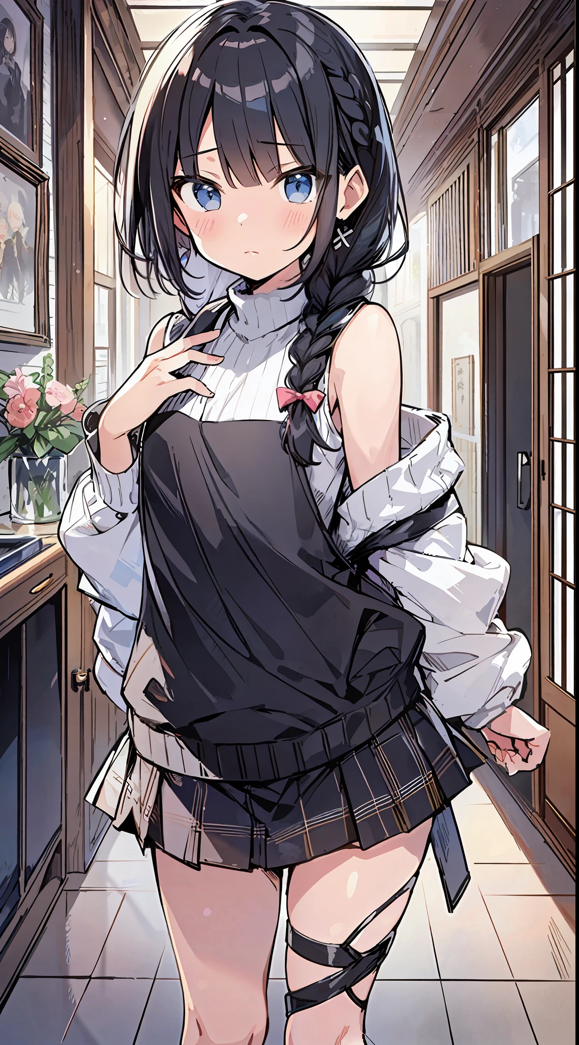 Top Quality, Best Masterpiece, Ultra High Resolution, 8K, White Sweater Vest, Anime Style Little Loli, Single, Ultra Detailed Line Art, Digital Enhancement, Anime Core, Flowing Fabric, Close Up, ((Hair length to shoulder mouth and short braid)), staring at us from the front, Soft drawing, Beautiful black hair, ((Anime style little girl)), Clear eyes, Shy face, Ultra-detailed digital anime art, clear face depictions, ultra-detailed anime character art, ultra-detailed manga style, top quality colors, hand gestures, foot-up angles, indoor