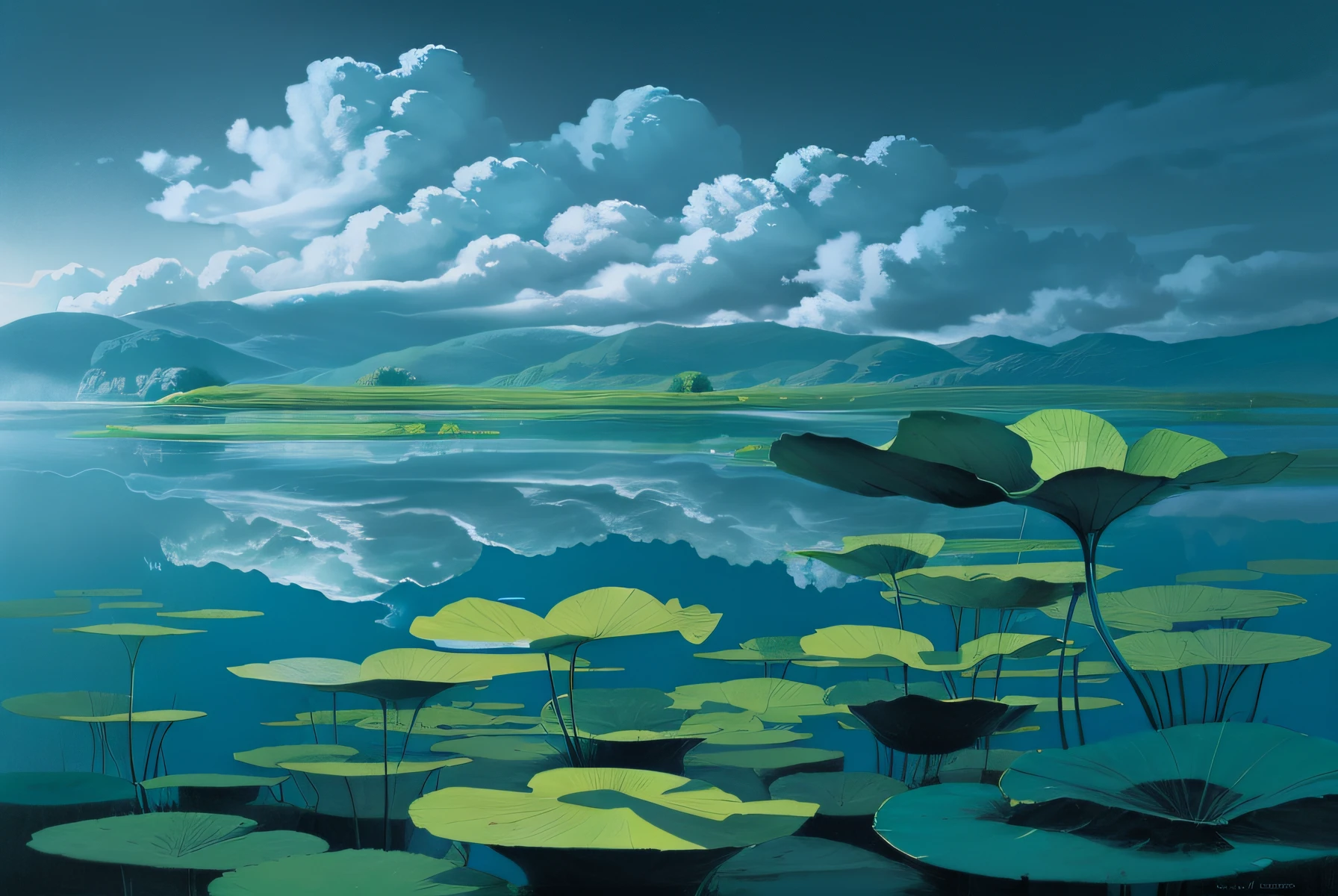 lake water, lotus, Sky ,, white clouds, Surrealism, chiaroscuro, UHD, highres, masterpiece