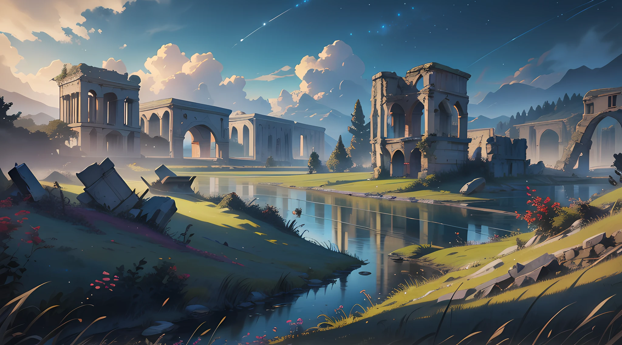 "A breathtaking (masterpiece) depicting a stunning (landscape) of a (river) with a magnificent view of (ruins) and a vast expanse of (grass), all set against the backdrop of a (war) ravaged land shrouded in a (night)time veil. Its (best quality) and breathtaking art style will leave you spellbound!", UHD, super detail, high details, highres, best quality