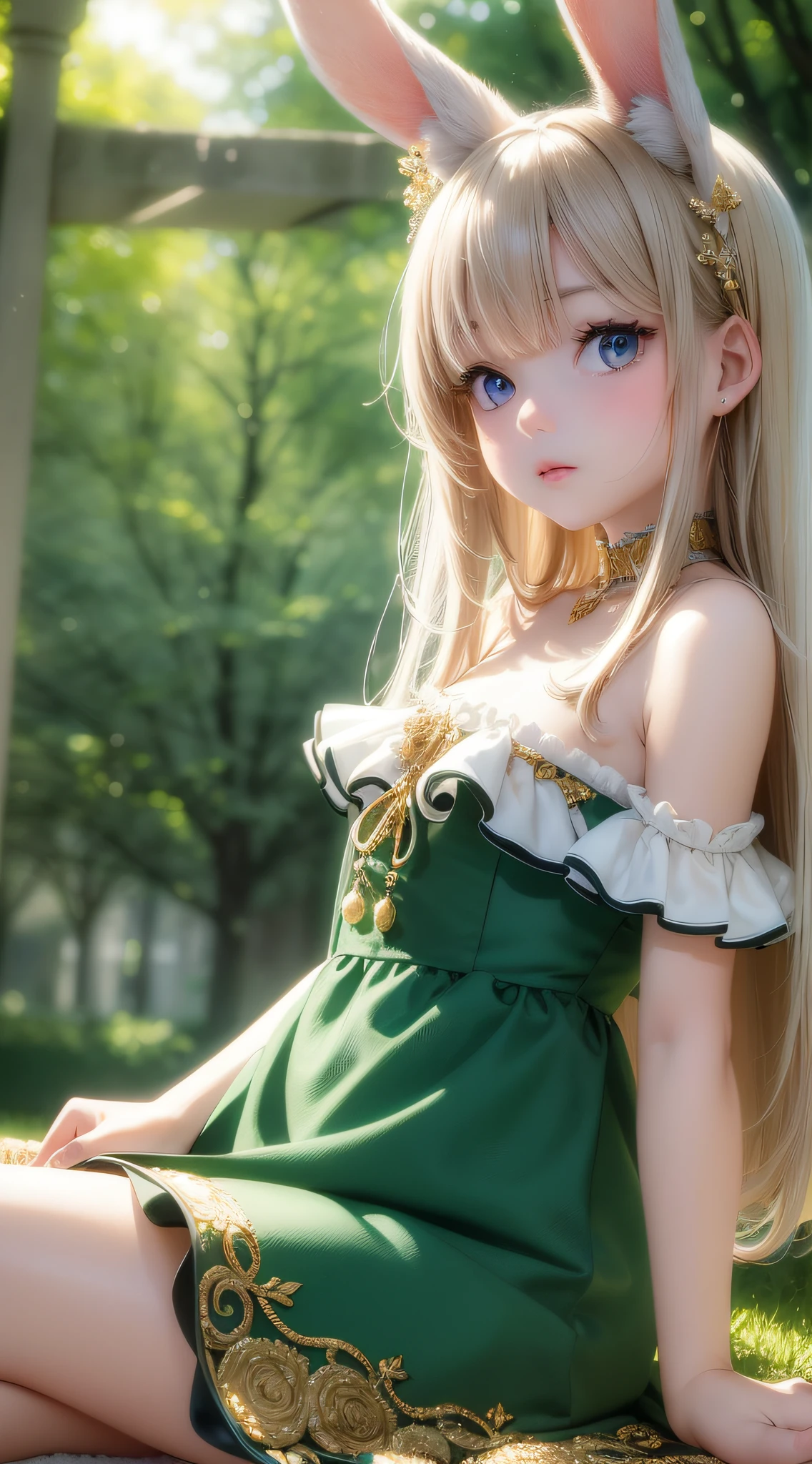 18K ultra-fine CG wallpaper, masterpiece, excellent picture quality, super delicate, shiny and dreamy eyes, loli girl in gorgeous off-the-shoulder dress, rabbit ears, sitting in the campus lawn, bright face, real smooth skin, 18K close-up, delicate and beautiful light and shadow.