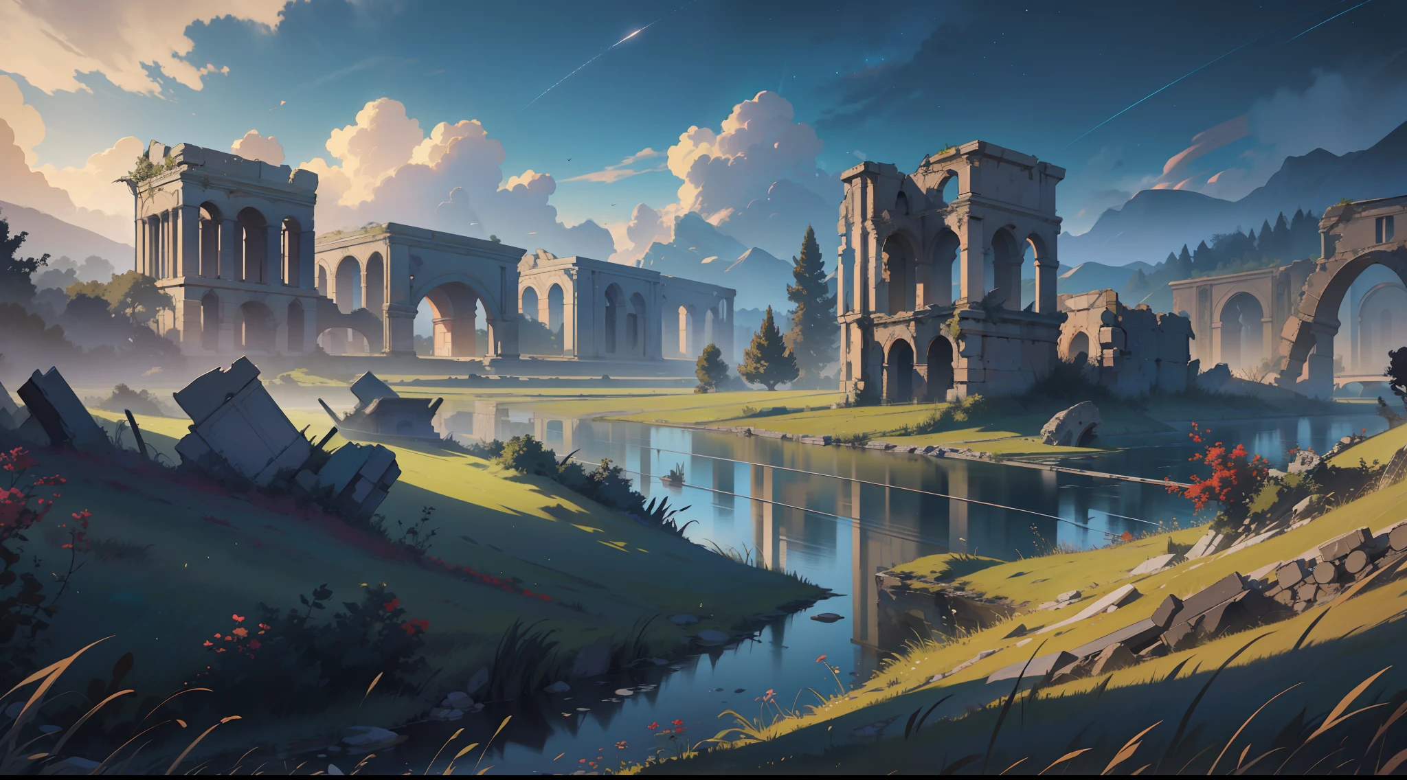 "A breathtaking (masterpiece) depicting a stunning (landscape) of a (river) with a magnificent view of (ruins) and a vast expanse of (grass), all set against the backdrop of a (war) ravaged land shrouded in a (night)time veil. Its (best quality) and breathtaking art style will leave you spellbound!", UHD, super detail, high details, highres, best quality