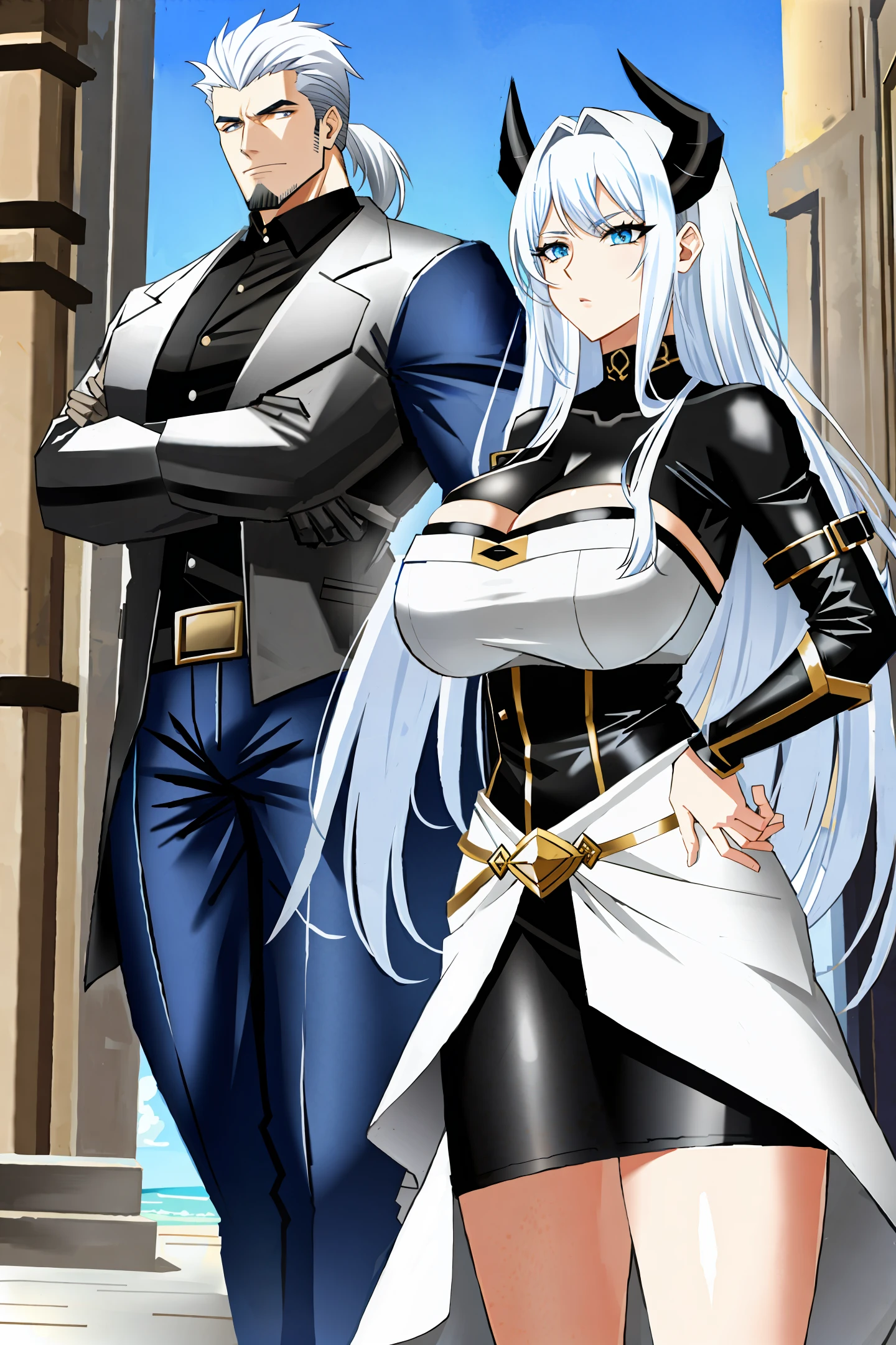 Anime Girl with Horns: The anime girl has a unique and captivating appearance. Her white hair is long and flows smoothly, while her blue eyes shine with intensity and expressiveness. Delicate curved horns adorn his head, giving it a mysterious aura. She wears a black leather jacket with silver accents, which fits perfectly into her slender and graceful body. Her skin is smooth and flawless, and her expression conveys confidence and curiosity. Her sculpted legs are complemented by a discreet panties, which emphasizes her elegant and charming presence. The anime girl is a fascinating character with a distinctive style and a magnetic personality. Muscular Viking Style Man: The man possesses an imposing and robust appearance, evoking the image of a legendary Viking. Her voluminous white hair falls down her shoulders, while her green eyes convey logic and a certain mystery. Wearing a black leather jacket with silver accents, he exudes an air of strength and adventure. His face is characterized by a dense and manicured beard, which adds a sense of rusticity and charm. With a firm and confident posture, he displays muscular arms and a broad chest. His sturdy jeans and leather boots complete the look, underscoring his adventurous and automatic essence. The muscular Viking-style man is an impressive figure, symbol of virility and fearlessness.