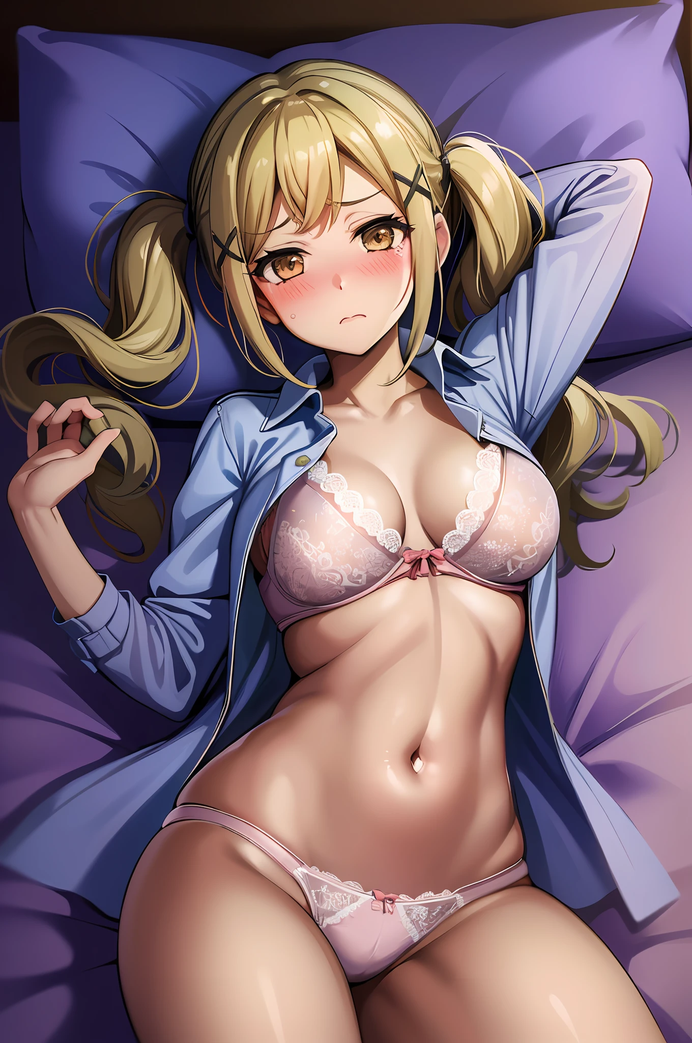 1girl, Arisa ichigaya, x hair ornament, blonde twintails, open shirt, lace panties, bra, sexy body, lying on bed, thighs, crotch, (blushing:1.4), (breath:1.4), pov, (from above view)