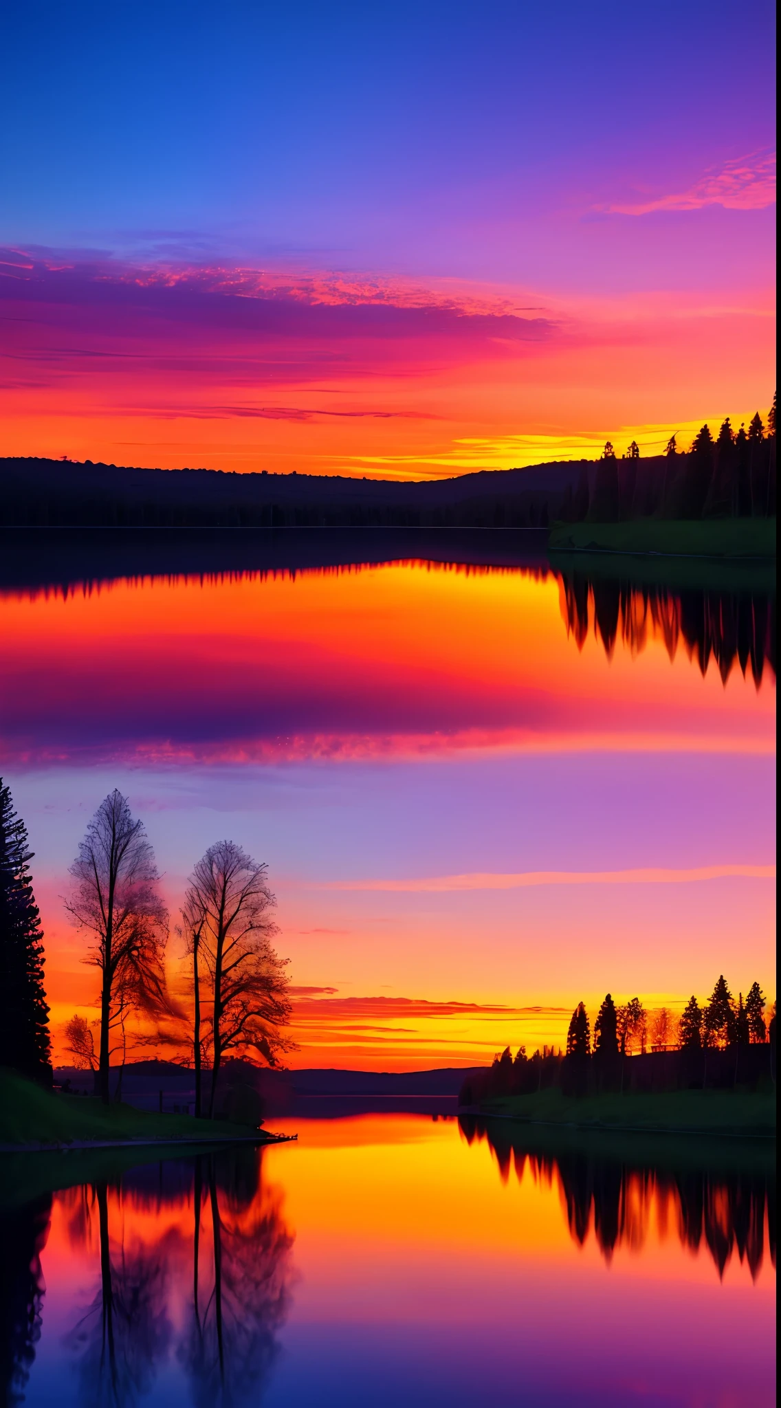 there is a beautiful sunset with a lake and trees in the background, colorful skies, surreal colors, colorful sunset, colorful sky, marvellous reflection of the sky, stunning sky, dream like atmosphere 8k, colorful clouds, colors reflecting on lake, surreal sky, red and blue reflections, fire reflection, beautiful sky, beautiful and spectacular dusk, beautiful dreamy landscape, amazing sky