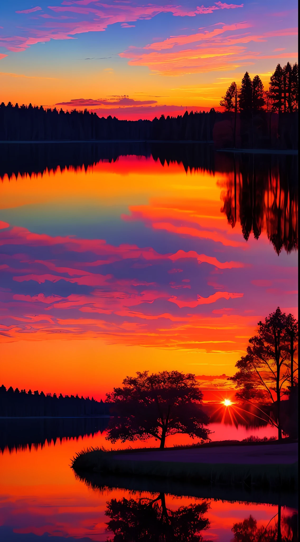 there is a beautiful sunset with a lake and trees in the background, colorful skies, surreal colors, colorful sunset, colorful sky, marvellous reflection of the sky, stunning sky, dream like atmosphere 8k, colorful clouds, colors reflecting on lake, surreal sky, red and blue reflections, fire reflection, beautiful sky, beautiful and spectacular dusk, beautiful dreamy landscape, amazing sky