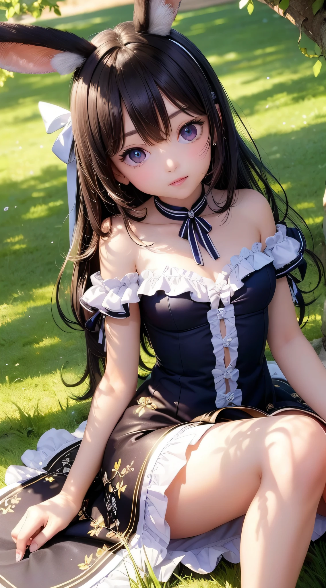 18K ultra-fine CG wallpaper, masterpiece, excellent picture quality, super delicate, shiny and dreamy eyes, li girl in gorgeous off-the-shoulder dress, rabbit ears, sitting in the campus lawn, bright face, real smooth skin, 18K close-up, delicate and beautiful light and shadow.