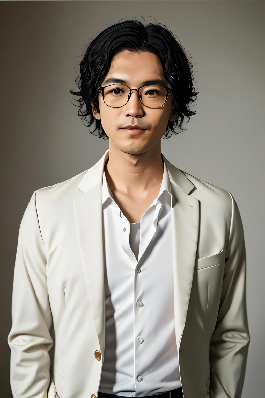 hidenoriyamano, 1man, 25 years- old, full body, wearing long-sleeve white shirt and tie, muscular rand black suit, glasses, drinking coffee, soft lighting, masterpiece, best quality, 8k uhd, dslr, film grain, Fujifilm XT3 photorealistic painting art by midjourney and greg rutkowski