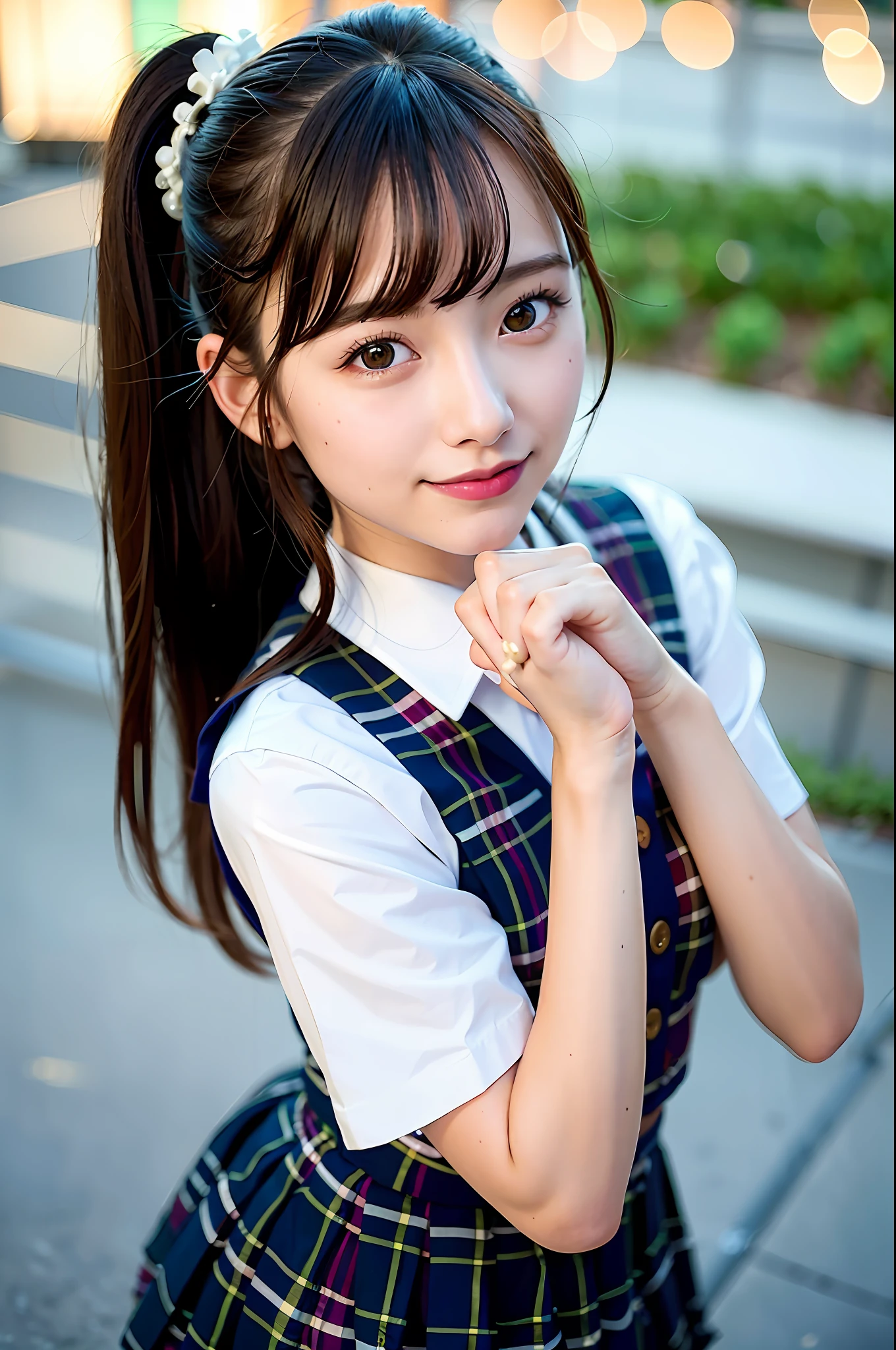 High School, nsfw,8k,(RAW photo:1.2),(Best quality:1.4),(Masterpiece:1.4),Best Illustration,Ultra High Definition,Portrait,Film grain,filmg,1girl,Look at viewer,Depth of field,(Photorealistic:1.4),(Detailed hair,Realistic hair,Realistic lighting,Realistic shadow,Realistic clothing,Realistic skin),Natural skin texture, Super Detail,(Portrait:0.6),(Light Particle,Lens Flare,Luminous Particle:0.6),(Bokeh:1.2),Cute,Professional Lighting,Photon Mapping,Radiosity,Physically Based Rendering,Incredibly Absurdity,Glossy Skin,(Pale Skin:1.2),(pureerosface_v1:0.7),(Close-Up:1.1), (Fair Skin: 1.1),(Round Face:1.5),(Charm:1.1),(Smile:1.2),Grinning,Open Mouth,Puffy Eyes,Purple Eyes,Double Eyelids,(Egyosar:1),(Long Hair:1.1),Floating Hair NovaFrog Style,High Ponytail,Floating Hair,Makeup,(Very Dark Lip Gloss,So Many Eyelashes,Eye Shadow),Beautiful Legs, sailor suit,((School uniform,Checkered pleated skirt)),Ultra short skirt,(Butt:1.2),Knee socks,Outdoor