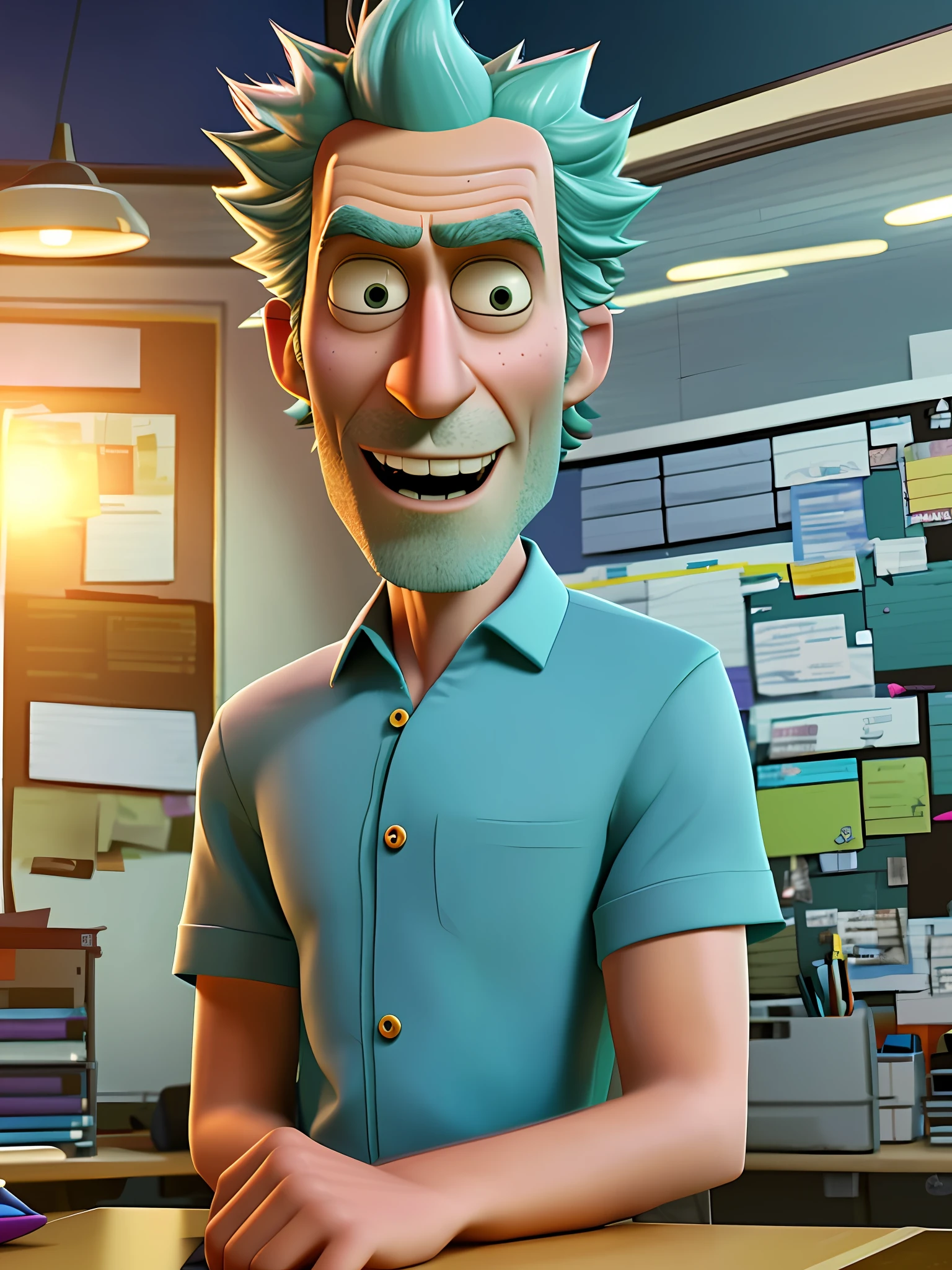 pixarstyle a waist-high portrait of the character Rick Sanchez from Rick and Morty in an office shirt, smile, office, natural skin texture, 4k textures, hdr, intricate, highly detailed, sharp focus, cinematic visual, hyper-detailed