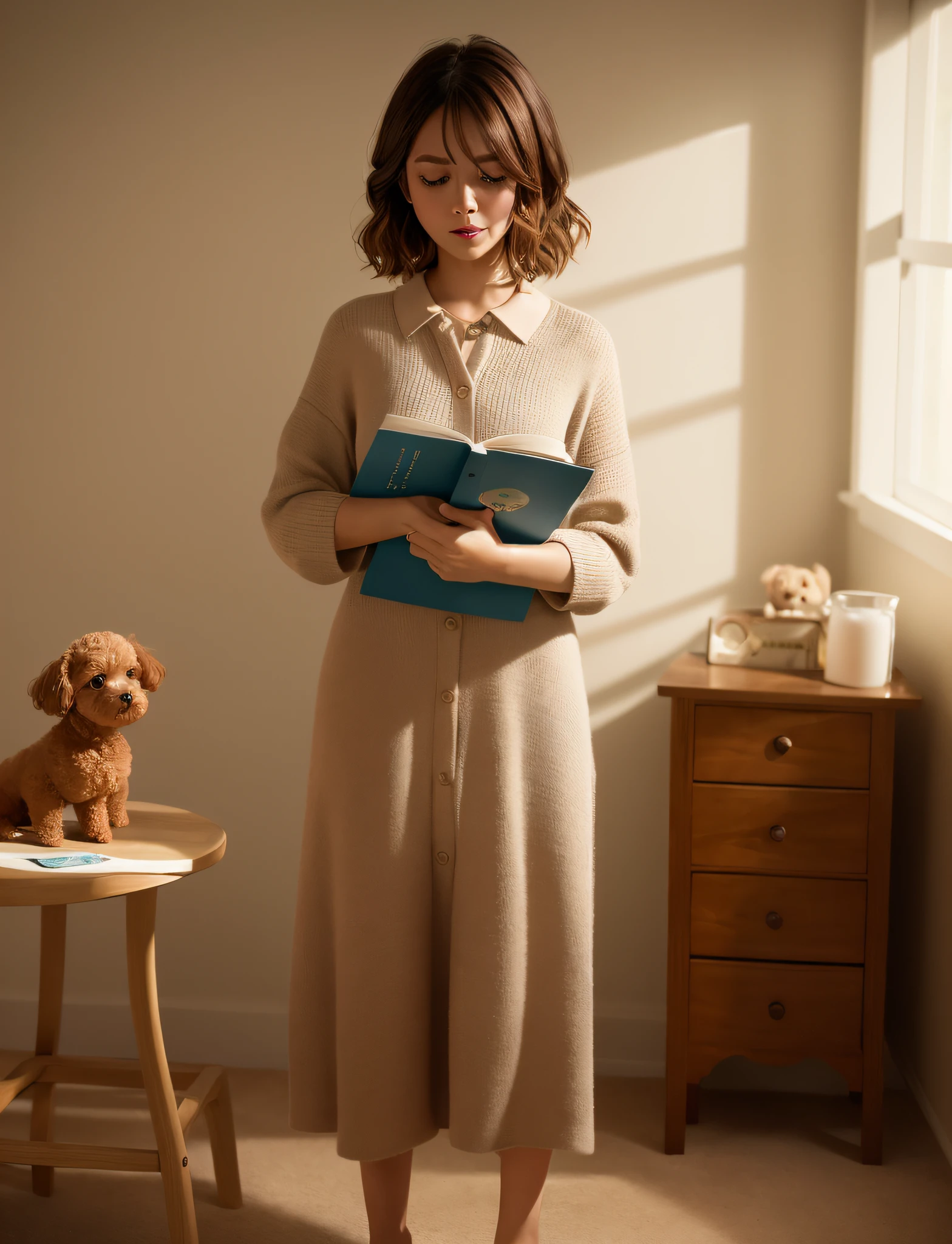 In the bedroom, Lele, reading a book, brown toy poodle, small dog, small puppy, sad, faceless, dropped corners of mouth, standing posture, 8k, professional photo, delicate, clear, sunny, light leak, masterpiece, (((cute)))), (realistic))))