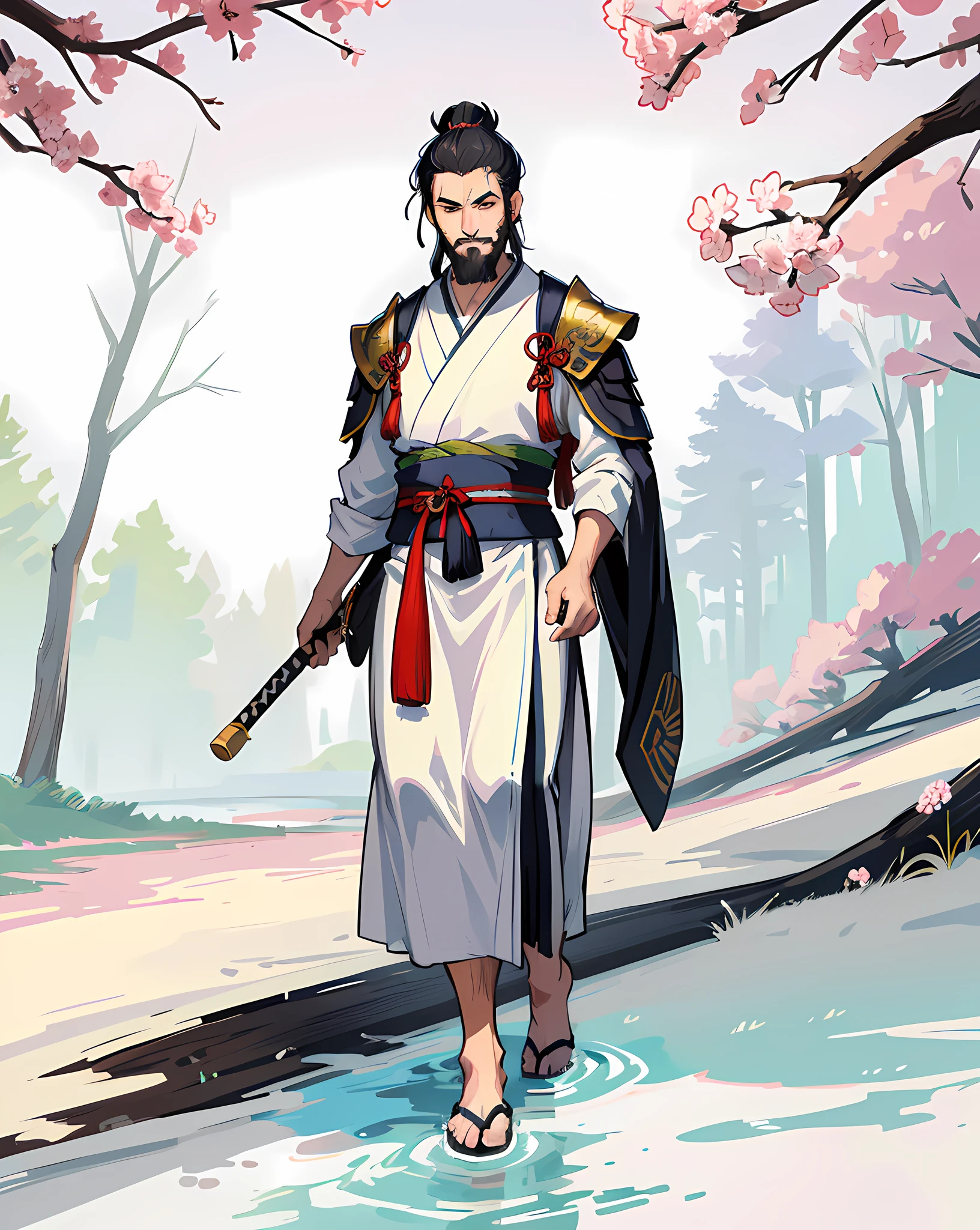 Describing the image:
The samurai portrayed is a 47-year-old man who exudes an aura of elegance and politeness. Despite his age, he maintains a remarkably beautiful and distinctive appearance. His figure is slender, but still displays impressive strength and agility.
Her hair is black and is carefully combed in a traditional style, with a short topknot on the front and the rest stuck in a well-made bun on the back. His beard is trimmed with precision, enhancing his mature masculinity.
The samurai's eyes are piercing, conveying wisdom and a marked serenity. His face displays soft lines, with well-defined features, giving a respectable and confident expression.
He wears a traditional samurai costume, with an impeccably made kimono. The predominant color is an elegant shade of navy blue, which symbolizes his position as a prominent warrior. The kimono is adorned with subtle details of golden embroidery, indicating its prominence and refinement.
A samurai armor, made of intricately decorated metal plates, is worn over the kimono, providing protection without compromising its aesthetic appearance. The armor is enriched with gold and silver details, demonstrating the status and wealth of the samurai.
At the waist, he carries a magnificently crafted katana, with a richly adorned hem. The sword is an extension of his skill and honor as a samurai.
His posture is upright and refined, with a calm and confident presence. It is seen in a tranquil Japanese garden, with blossoming trees in the background, creating a serene and harmonious environment.
This samurai, with its beautiful and polished appearance, represents the perfect combination of strength, wisdom, and grace that are inherent in legendary samurai warriors.