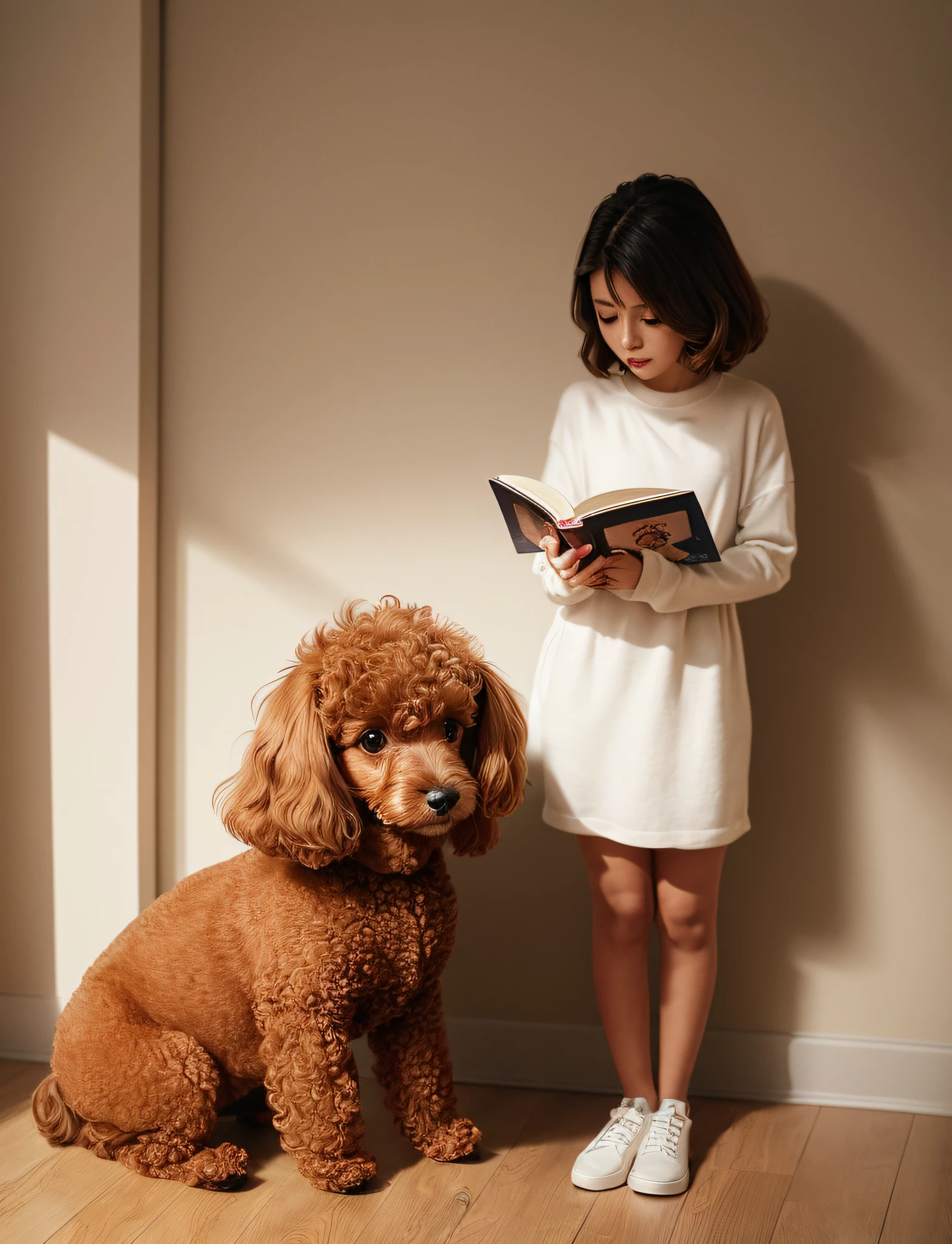 In the bedroom, Lele, reading a book, brown toy poodle, small dog, small puppy, sad, faceless, dropped corners of mouth, standing posture, 8k, professional photo, delicate, clear, sunny, light leak, masterpiece, (((cute)))), (realistic))))