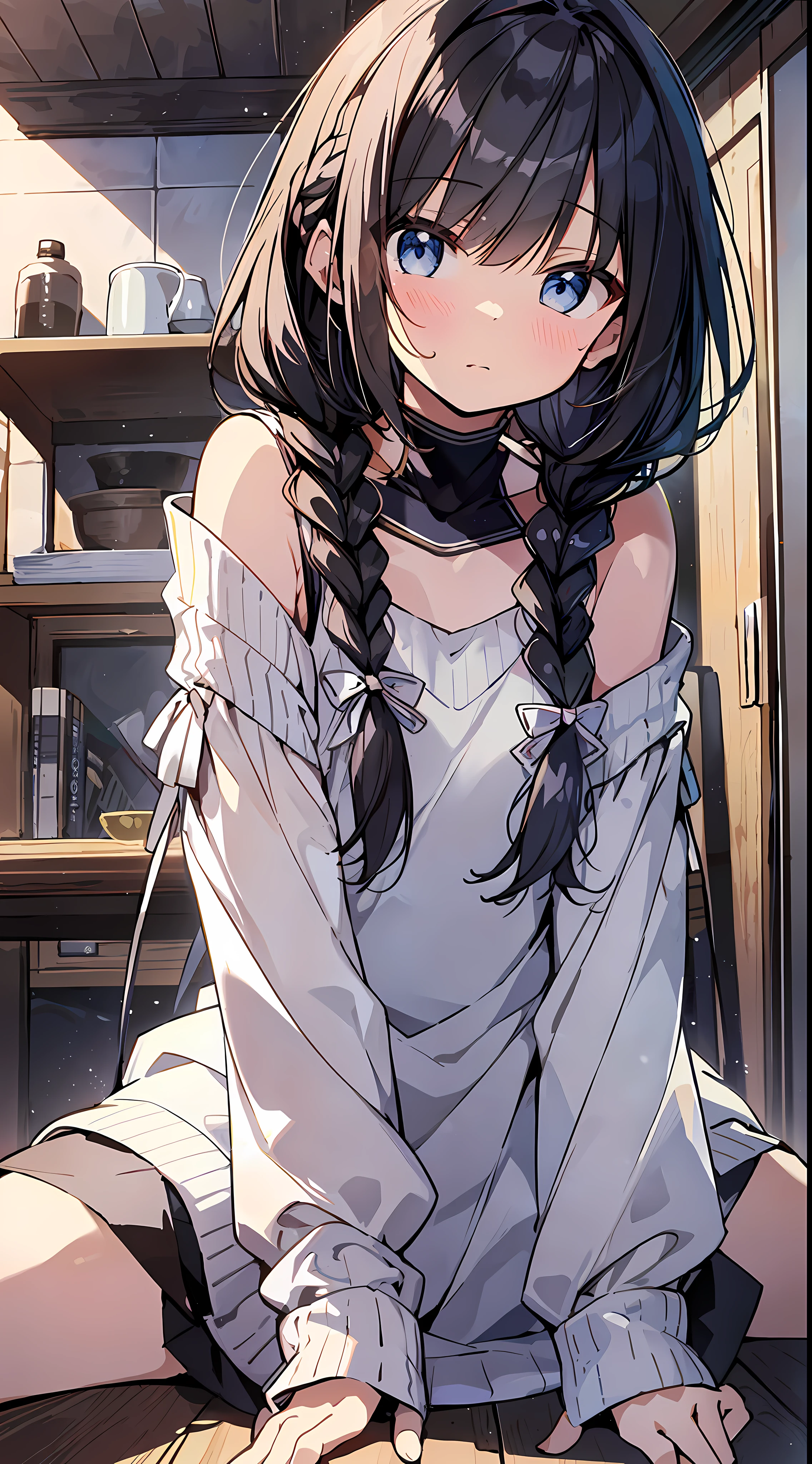 Top Quality, Best Masterpiece, Ultra High Resolution, 8K, White Sweater Vest, Anime Style li, Single, Ultra Detailed Line Art, Digital Enhancement, Anime Core, Flowing Fabric, Close Up, ((Hair length to shoulder mouth and short braid)), staring at us from the front, Soft drawing, Beautiful black hair, ((Anime style little giClear eyes, Shy face, Ultra-detailed digital anime art, clear face depictions, ultra-detailed anime character art, ultra-detailed manga style, top quality colors, hand gestures, foot-up angles, indoor