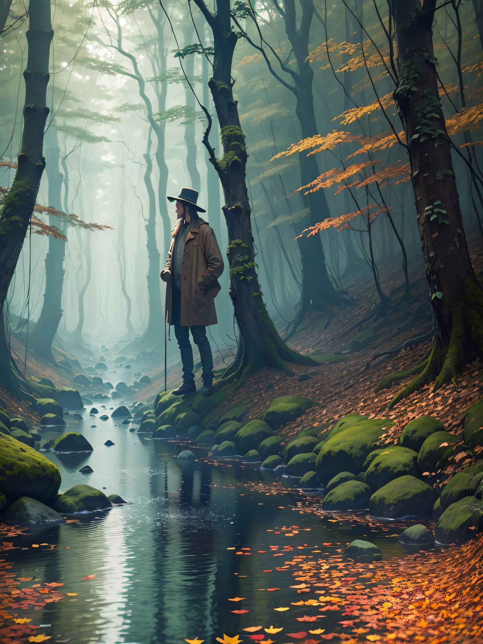 deep in the forest divided by a river with leaves floating on the water. night, horror, masterpiece, best quality, high detailed