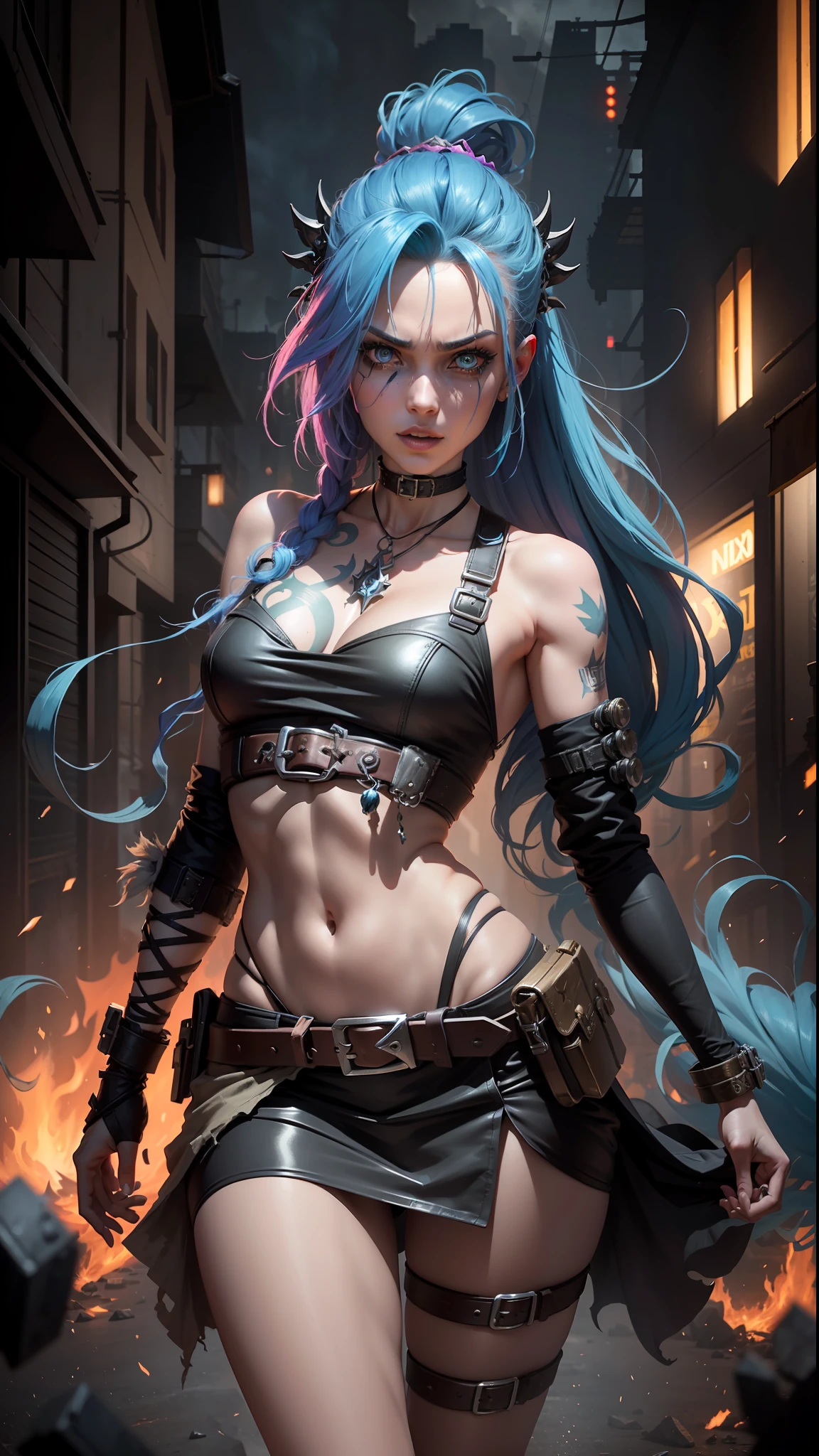 ((Best quality)), ((masterpiece)), (highly detailed:1.3), 3D, arcane style,In the dark and gritty dystopian city Piltover, plagued by violence and divided into two opposing factions, a young prodigy named Jinx emerges. Having endured unimaginable loss and abandonment, she has embraced a life of chaos and destruction. Known for her inventive and explosive abilities, Jinx becomes an icon of rebellion against the oppressive forces controlling the city. However, haunted by guilt and battling inner demons, she must confront her past and decide whether to continue down the path of anarchy or seek redemption amidst the turmoil. Explore the journey of Jinx as she navigates a treacherous world, fighting for survival, unraveling secrets, and discovering the true meaning of her twisted existencechaos reigns supreme, and at the heart of it all is Jinx, the embodiment of unpredictability. Delve deep into the twisted mind of Jinx, exploring the origins of her madness and the driving force behind her destructive nature. Unveil the moments that shaped her into the deranged and iconic character we know. Take us on a wild journey through the vibrant streets of Piltover and the grim underbelly of Zaun as Jinx wreaks havoc with her explosive arsenal. Can redemption ever find its way into Jinx's fractured soul? Or will she forever dance on the edge of sanity, embracing the chaos that fuels her very existence? The fate of Arcane hangs in the balance as Jinx's path intertwines with unlikely allies and formidable foes. Ignite your imagination and paint a vivid portrait of Jinx's twisted psyche, capturing the essence of her madness and the untamed spirit that defines her,HDR (High Dynamic Range),Ray Tracing,NVIDIA RTX,Super-Resolution,Unreal 5,Subsurface scattering,PBR Texturing,Post-processing,Anisotropic Filtering,Depth-of-field,Maximum clarity and sharpness,Multi-layered textures,Albedo and Specular maps,Surface shading,Accurate simulation of light-material interaction,Perfect proportion