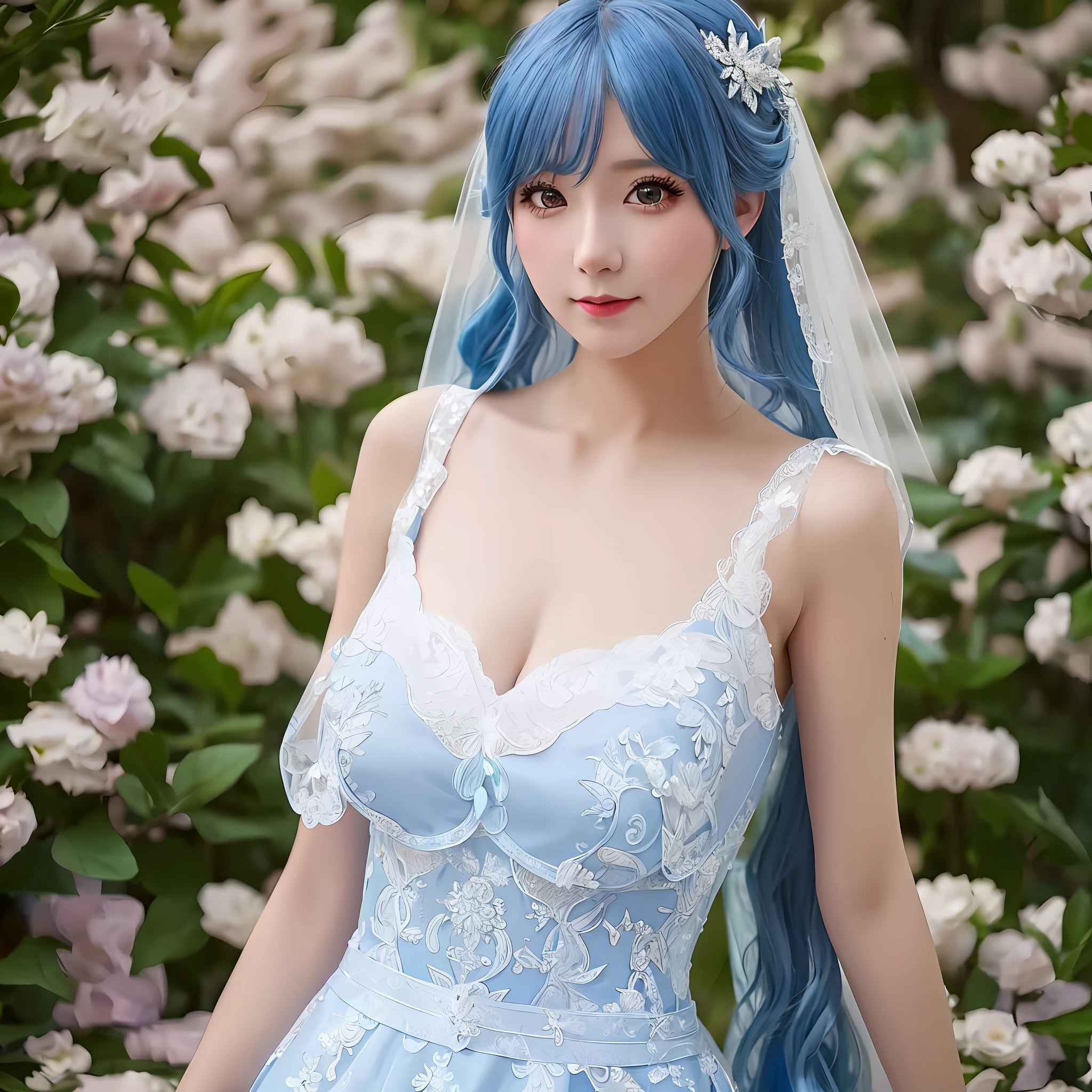 a close up of a woman with blue hair wearing a wedding dress, anime girl cosplay, anime cosplay, anime girl in real life, elegant glamourous cosplay, cosplay, cosplay photo, professional cosplay, realistic cosplay, cosplayer, fantasy dress, beautiful blue haired girl, high quality costume, cute anime waifu in a nice dress, anime princess, beautiful anime woman