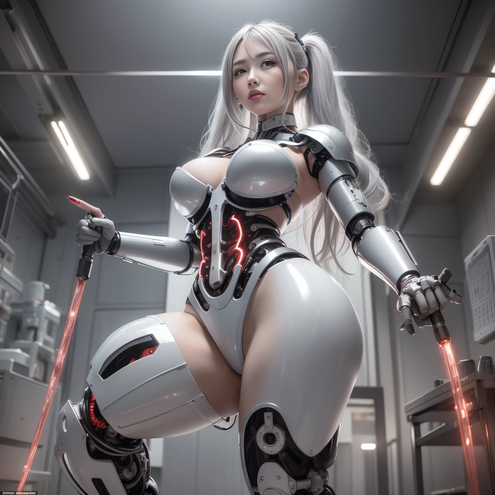 Beautiful Face,Face is Japan, 1 Woman, Big, Curvaceous, (8k, RAW Photo, Best Quality, Masterpiece: 1.2), (HDR, Realistic, Photorealistic: 1.37) (Blood vessel attached to tube), (Bikini Cyborg Robot Parts)))), (Light Grey Hair), Long Hair, Wavy Hair, Twin Tails, Medium Shot, ( Seductive smile)), (black eyes), princess cut,from below,(whole body),posing,,inside the lab,( blood vessel connected to a tube),((mechanical vertebrae attached to the back)),((mechanical neck attached to the neck)),(wire cable attached to the head and body),(character focus),science fiction,perfect female figure,perfect anatomy,ultraanatomy, Full body shot,