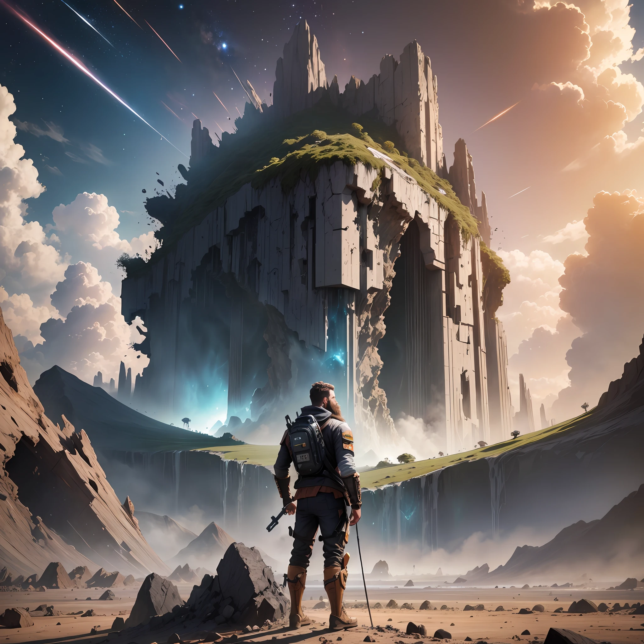 Young man standing on broken asteroid, looking at the wreckage of the destruction of a planet, masterpiece, absurd, cinematic, realistic, detailed, beard, determined look, universe, 8k