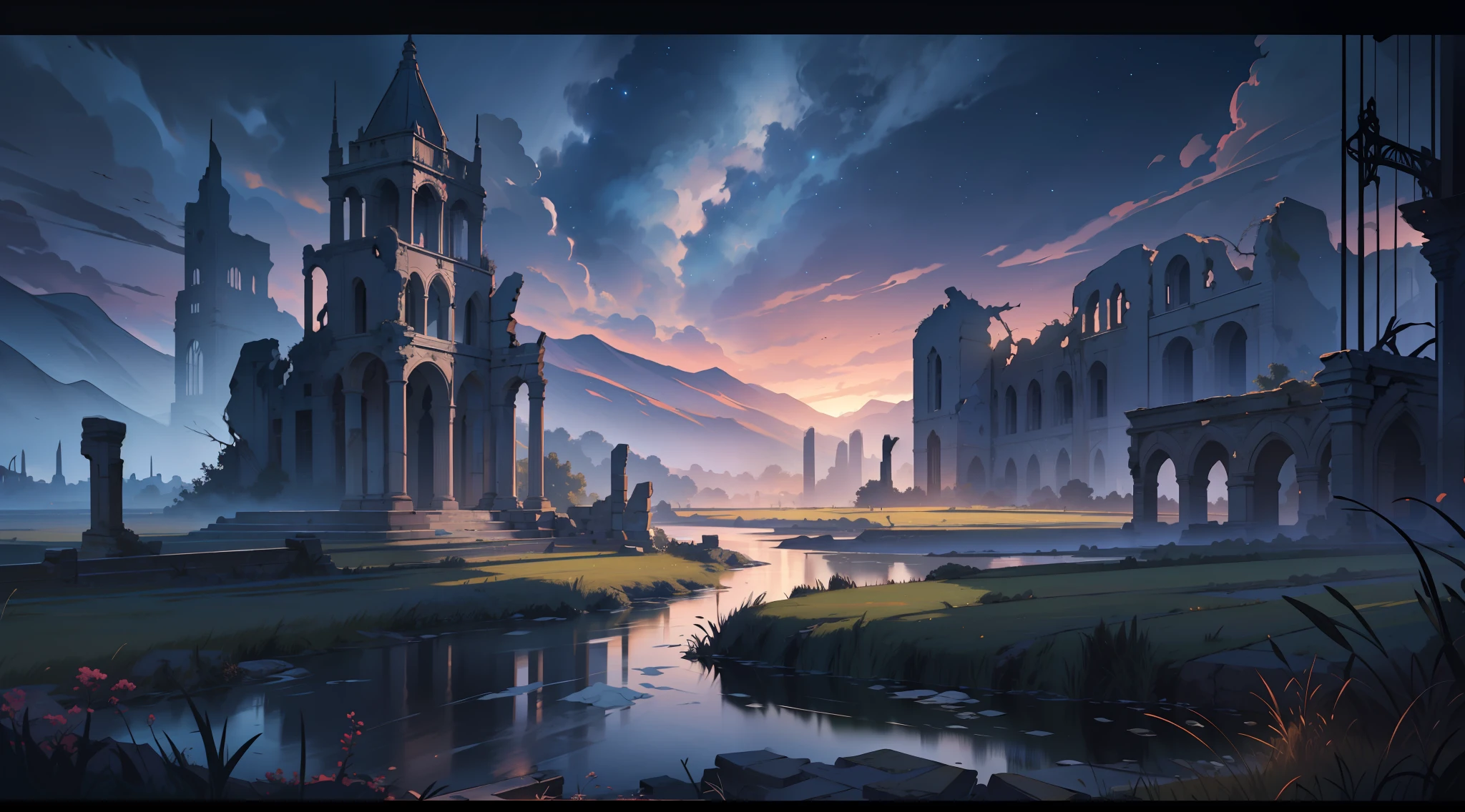 "A breathtaking (masterpiece) depicting a stunning (landscape) of a (river) with a magnificent view of (ruins) and a vast expanse of (grass), all set against the backdrop of a (war) ravaged land shrouded in a (night)time veil. Its (best quality) and breathtaking art style will leave you spellbound!", UHD, super detail, high details, highres, best quality