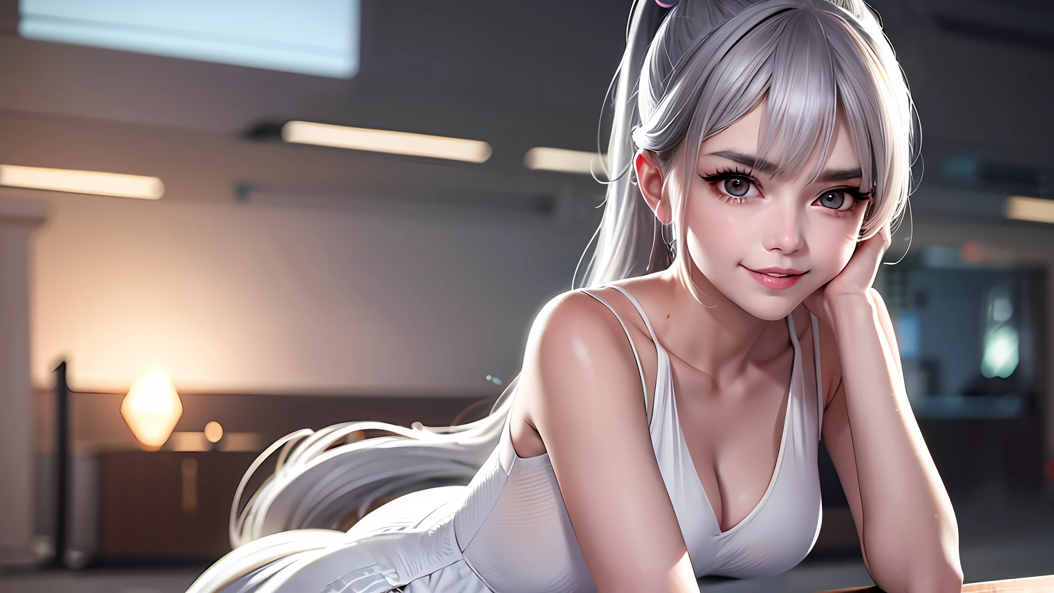 ((grey hair)), high ponytail,,heavy makeup, cute, technological sense,8k, best quality, masterpiece, illustration, an extremely delicate and beautiful, extremely detailed ,CG ,unity ,wallpaper, Amazing, finely detail, masterpiece,best quality,official art, extremely detailed CG unity 8k wallpaper,((smile)),tomboy,((Big eyes)),((perfect eyes)),highly detailed, sharp focus,rich background,, looking at viewer, breasts, blurry background, small breasts, bangs, bare shoulders, white dress, dress, realistic, in the cyberpunk city, strong rim light, in summer,