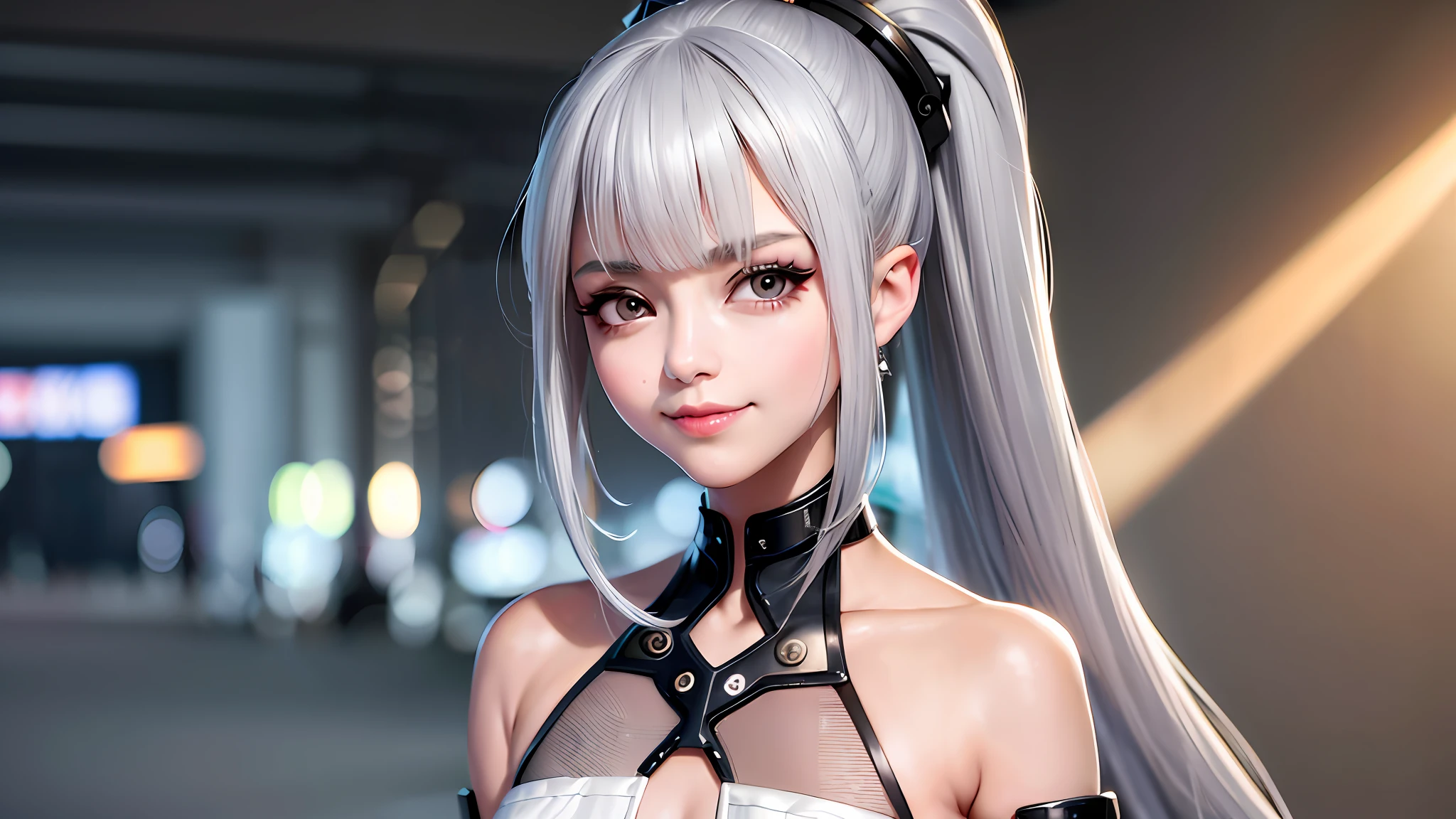 ((grey hair)), high ponytail,,heavy makeup, cute, technological sense,8k, best quality, masterpiece, illustration, an extremely delicate and beautiful, extremely detailed ,CG ,unity ,wallpaper, Amazing, finely detail, masterpiece,best quality,official art, extremely detailed CG unity 8k wallpaper,((smile)),tomboy,((Big eyes)),((perfect eyes)),highly detailed, sharp focus,rich background,loli, looking at viewer, breasts, blurry background, small breasts, bangs, bare shoulders, white dress, dress, realistic, in the cyberpunk city, strong rim light, in summer,