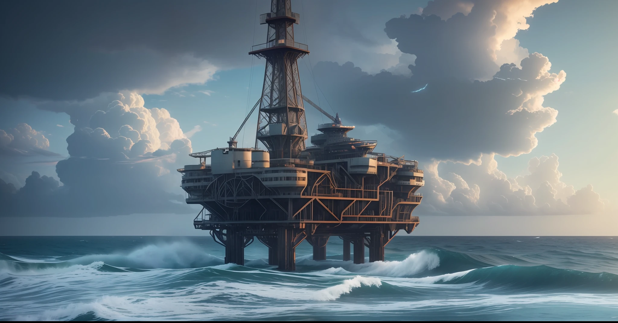 Hyper realistic render of a detailed, massive, realistic intricate abandoned oil rig, rough seas, waves, cinematic lighting, storm, spectacular clouds, matte painting, octane render, raphael lacoste --auto --s2