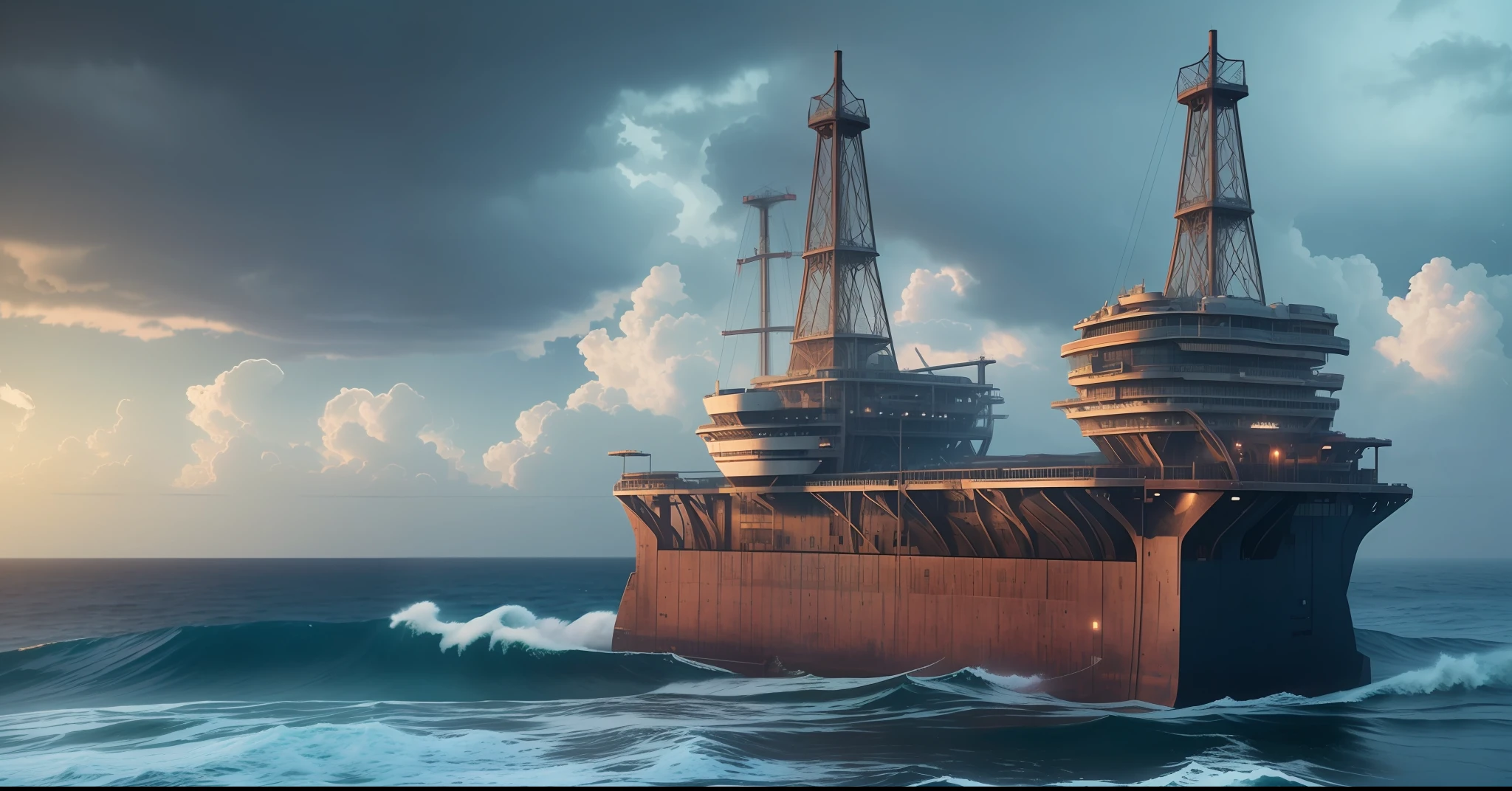 Hyper realistic render of a detailed, massive, realistic intricate abandoned oil rig, rough seas, waves, cinematic lighting, storm, spectacular clouds, matte painting, octane render, raphael lacoste --auto --s2