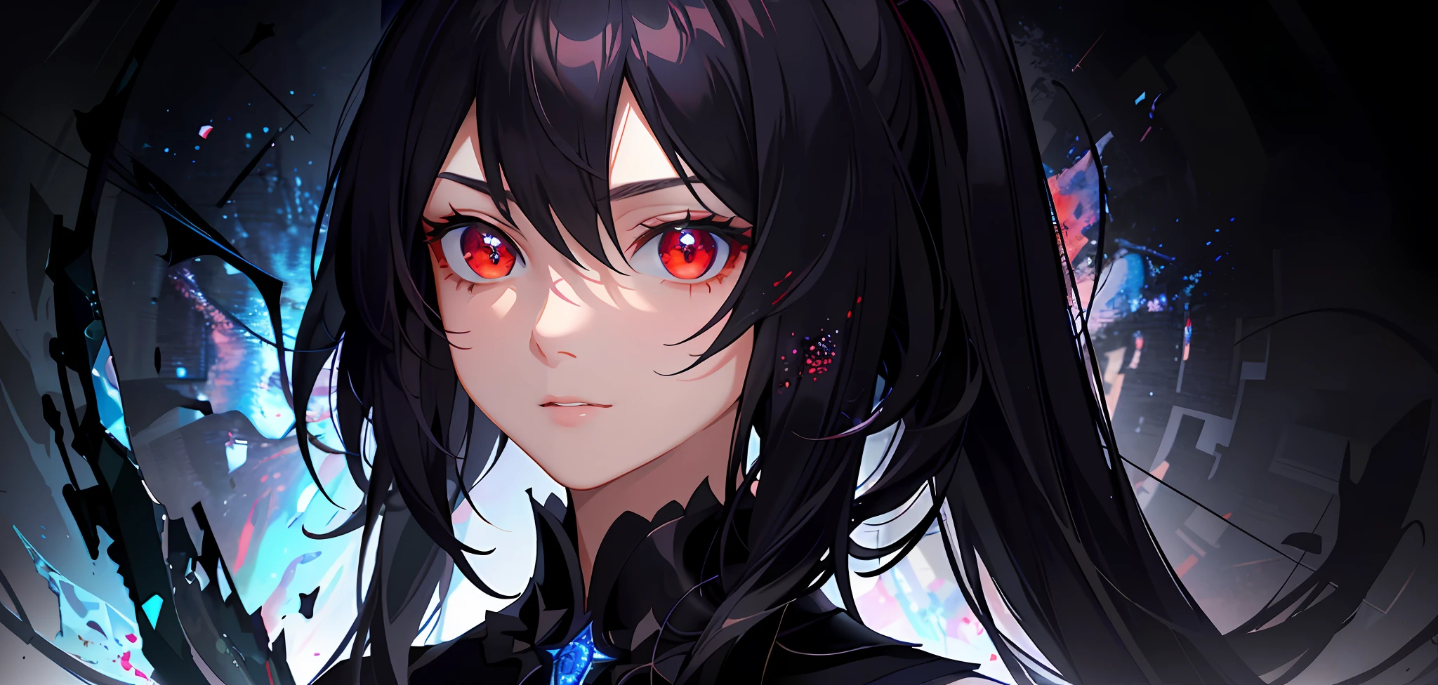 (masterpiece, best quality, ultra-detailed, best shadow), (detailed background,dark fantasy), (beautiful detailed face), high contrast, (best illumination, an extremely delicate and beautiful), ((cinematic light)), colorful, hyper detail, dramatic light, intricate details, (1 girl, solo,black hair, sharp face,low twintails,red eyes, hair between eyes,dynamic angle), blood splatter, swirling black light around the character, depth of field,black light particles,(broken glass),magic circle,