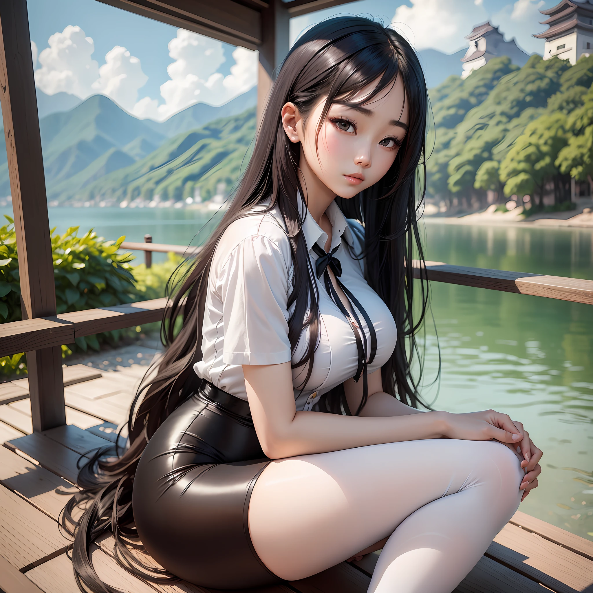 1 girl, sitting cross-legged, sexy seductive pose, (single, full body: 0.6, young, big breasts: 1.2), detailed face, Chinese woman in white dress, black tie and white shirt, close-up of woman sitting on bench by the lake, Korean girl, gorgeous young Korean woman in shirt with cute top, Chinese girl, beautiful Korean young woman, young cute girl, long hair asian girl, Asian girl, sakimichan, smooth white tights suit