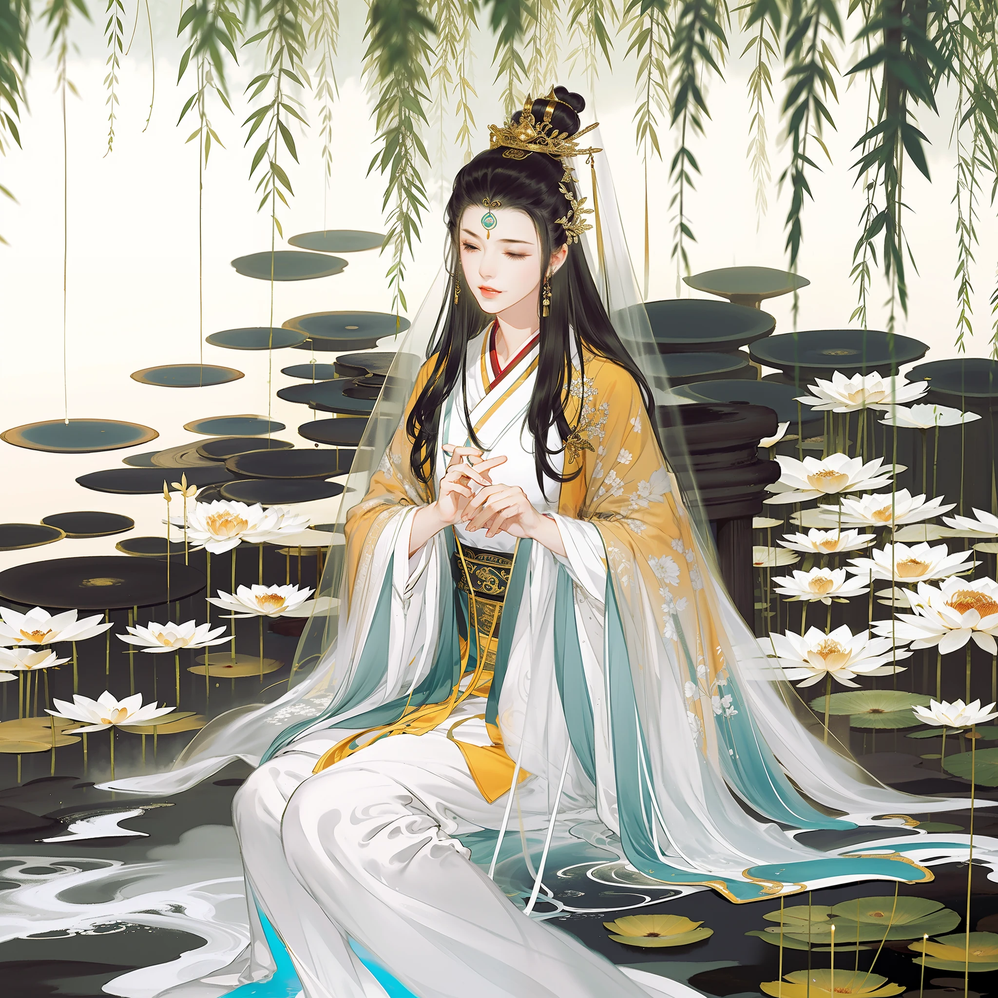 An ancient Chinese girl, sitting on a lotus-shaped throne, full body portrait, eyes closed, red mole on the eyebrows, clear facial features, (crown veil), golden light on the head, flowing white Hanfu, body surrounded by white mist, fairy fluttering temperament, behind the bamboo forest, movie edge light, delicate light, masterpiece, super detailed, epic composition, super HD, high quality, highest quality, 32k