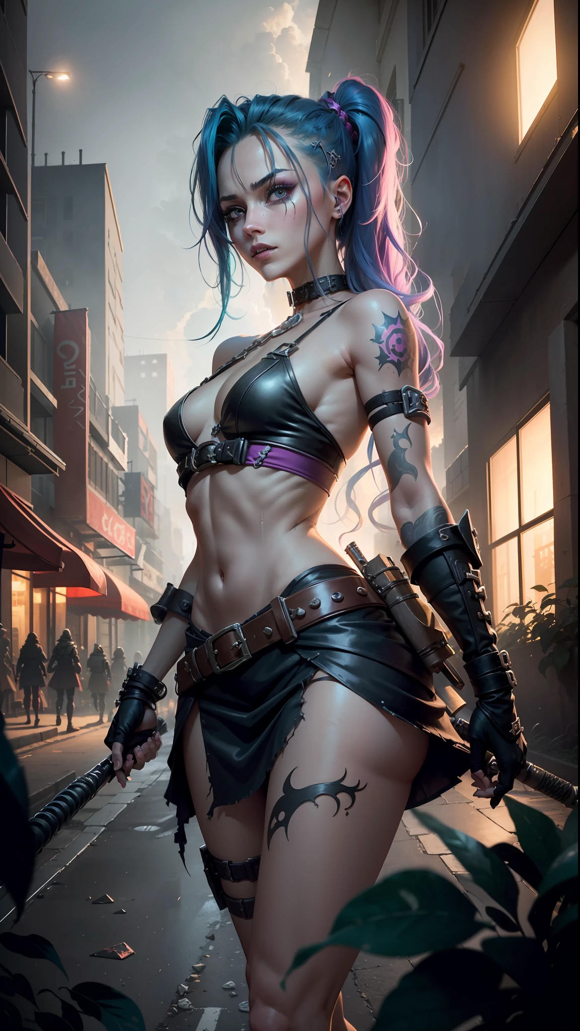 ((Best quality)), ((masterpiece)), (highly detailed:1.3), 3D, arcane style,In the dark and gritty dystopian city Piltover, plagued by violence and divided into two opposing factions, a young prodigy named Jinx emerges. Having endured unimaginable loss and abandonment, she has embraced a life of chaos and destruction. Known for her inventive and explosive abilities, Jinx becomes an icon of rebellion against the oppressive forces controlling the city. However, haunted by guilt and battling inner demons, she must confront her past and decide whether to continue down the path of anarchy or seek redemption amidst the turmoil. Explore the journey of Jinx as she navigates a treacherous world, fighting for survival, unraveling secrets, and discovering the true meaning of her twisted existencechaos reigns supreme, and at the heart of it all is Jinx, the embodiment of unpredictability. Delve deep into the twisted mind of Jinx, exploring the origins of her madness and the driving force behind her destructive nature. Unveil the moments that shaped her into the deranged and iconic character we know. Take us on a wild journey through the vibrant streets of Piltover and the grim underbelly of Zaun as Jinx wreaks havoc with her explosive arsenal. Can redemption ever find its way into Jinx's fractured soul? Or will she forever dance on the edge of sanity, embracing the chaos that fuels her very existence? The fate of Arcane hangs in the balance as Jinx's path intertwines with unlikely allies and formidable foes. Ignite your imagination and paint a vivid portrait of Jinx's twisted psyche, capturing the essence of her madness and the untamed spirit that defines her,HDR (High Dynamic Range),Ray Tracing,NVIDIA RTX,Super-Resolution,Unreal 5,Subsurface scattering,PBR Texturing,Post-processing,Anisotropic Filtering,Depth-of-field,Maximum clarity and sharpness,Multi-layered textures,Albedo and Specular maps,Surface shading,Accurate simulation of light-material interaction,Perfect proportion