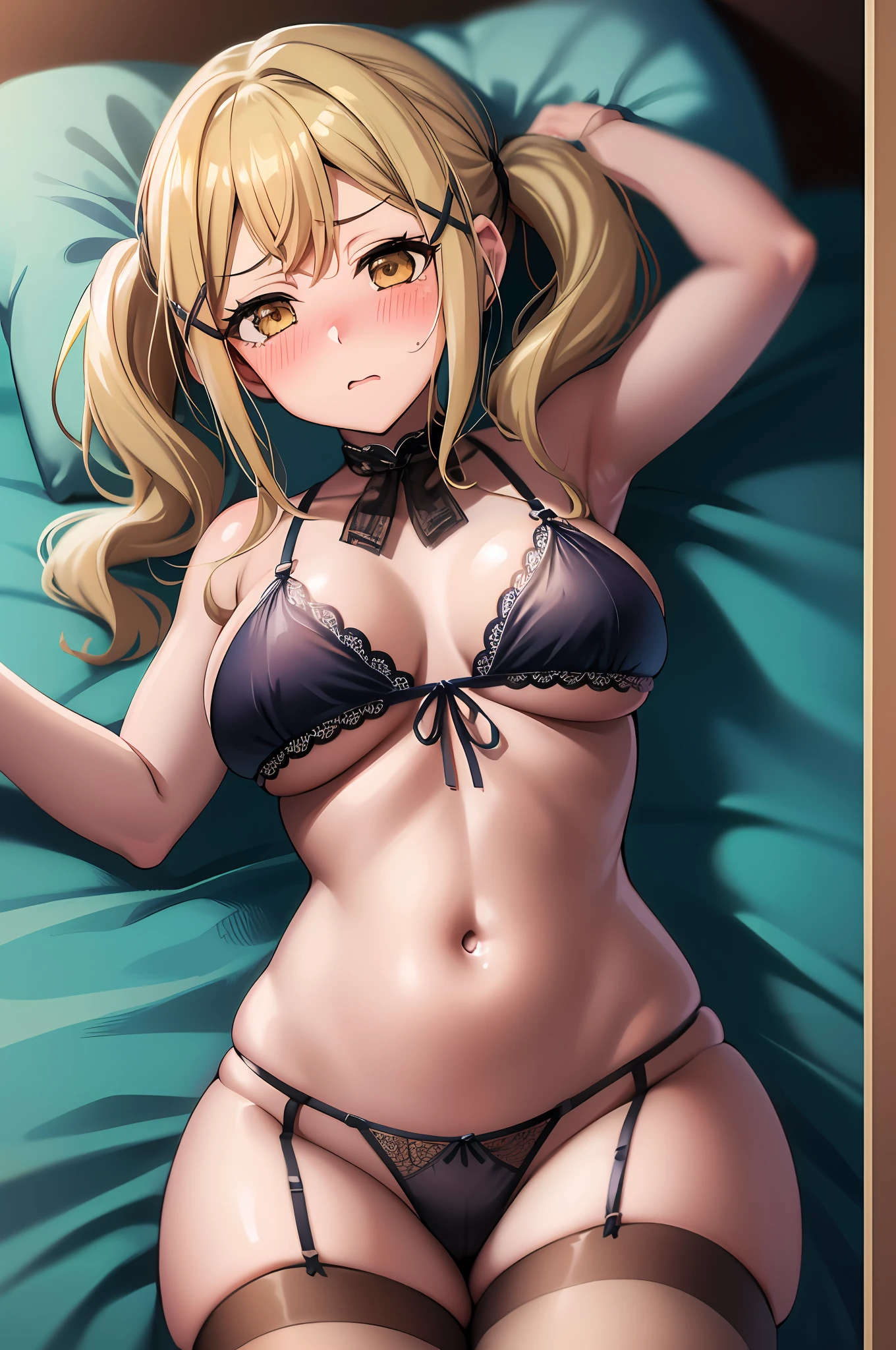 1girl, Arisa ichigaya, x hair ornament, blonde twintails, lingerie, busty, bra, sexy body, lying on bed, thighs, crotch, (blushing:1.4), (breath:1.4), pov, (from above view)