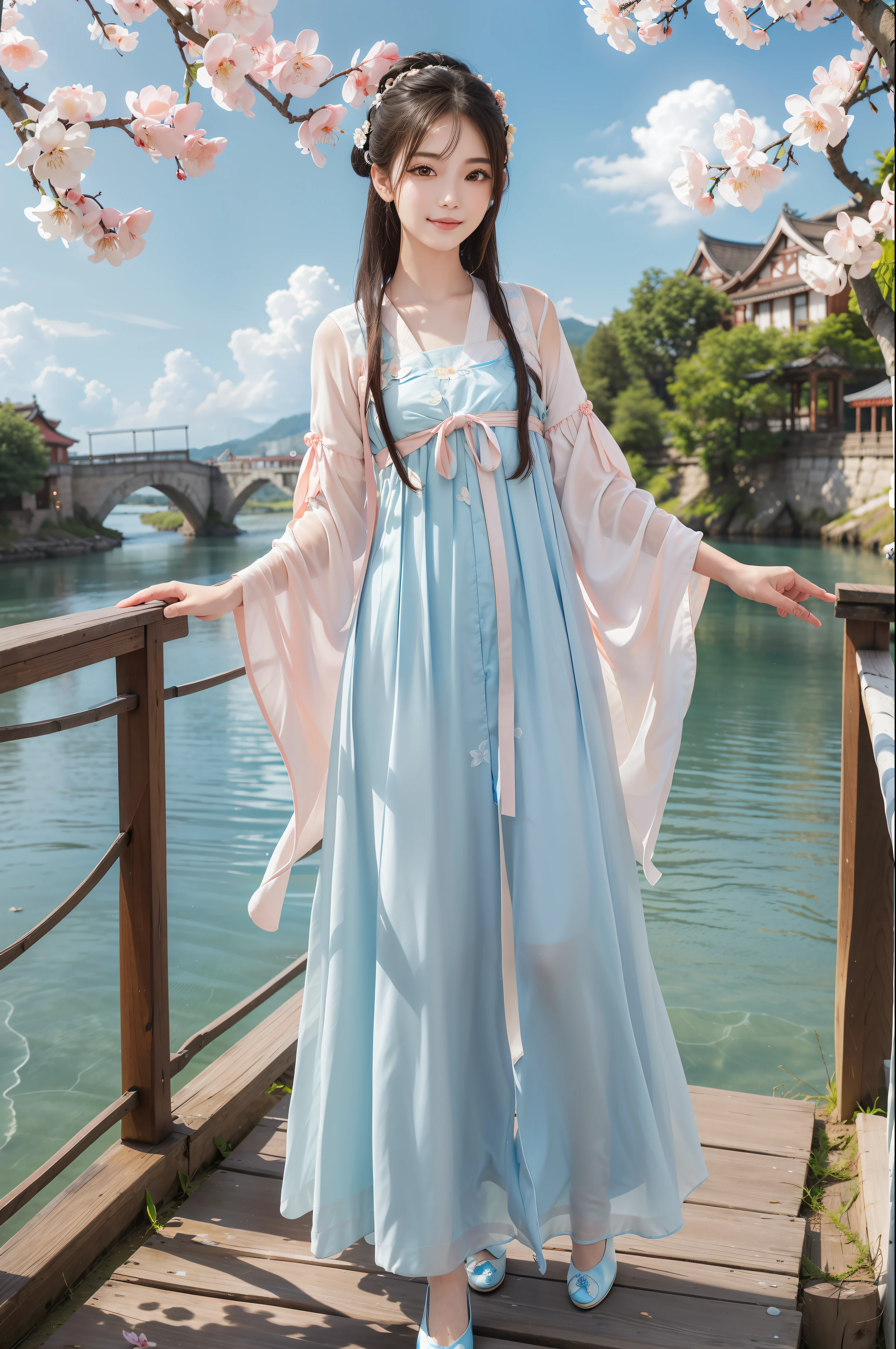 (8k, 4k, (4k, best quality), (realistic, photo-realistic),1girl, perfect hands, cute, dating, long hair, brunette hair, (beautiful delicate eyes), looking at the audience, smiling, perfect skin, slim, standing, (small chest), thin waist, (tang style, hanfu, full body: 1.26), sunny day, blue sky, river, clear water, wooden bridge, peach blossom, delicate and beautiful face. Reality. true