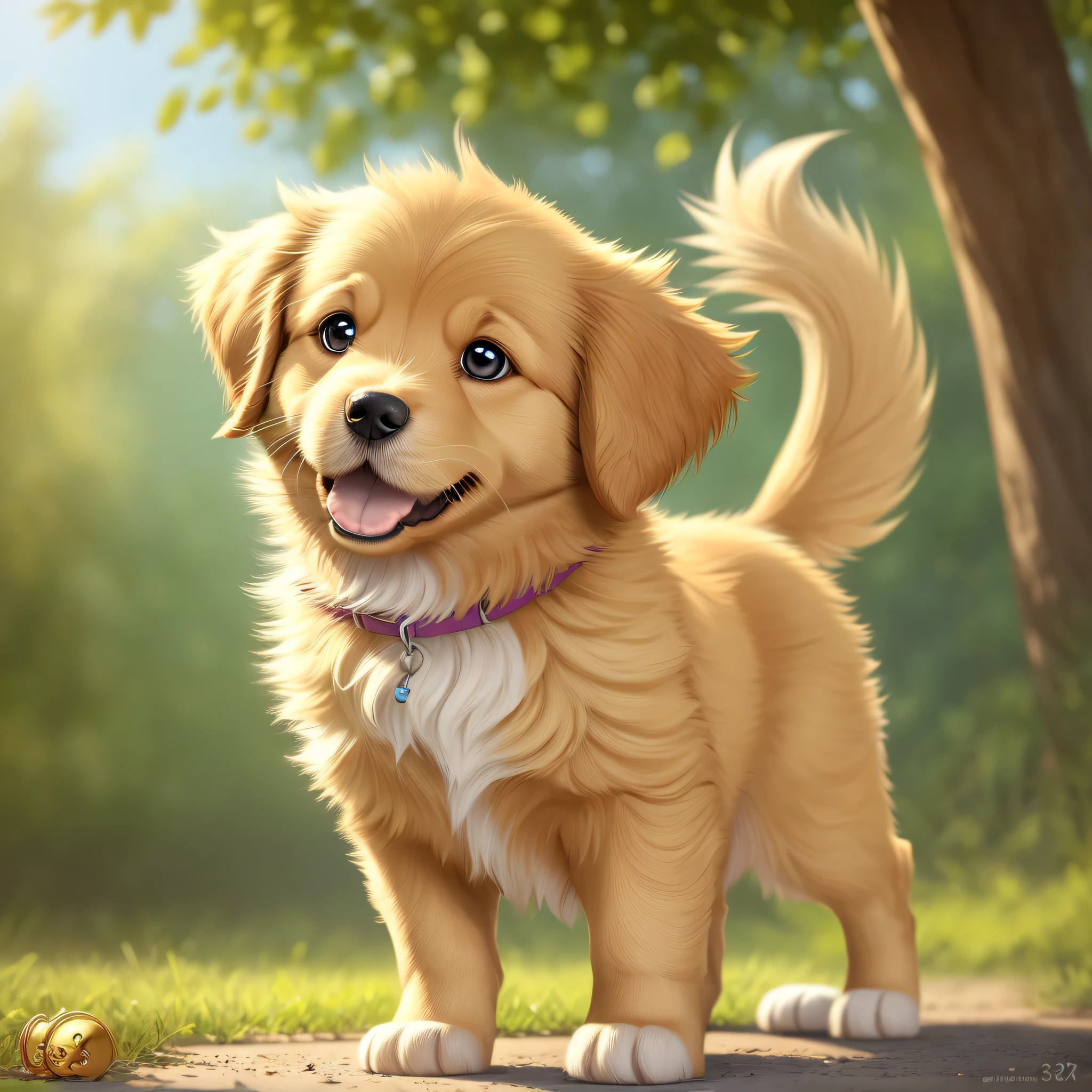 Super cute puppy (golden retriever), Pixar cartoon, full body, bright big eyes, sweet smile, vibrant and playful, exaggerated facial expressions, delicate, delicate, fairytale, incredibly high detail, bright colors, natural light, solid color background, rendering, very popular in art station, gorgeous, super wide viewing angle --real --ar 3:4 --auto --s2