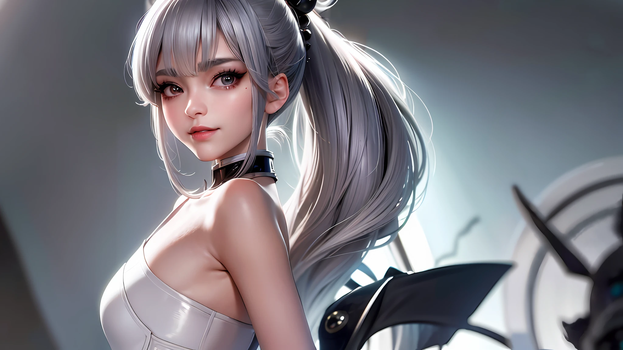 ((grey hair)), high ponytail,,heavy makeup, cute, technological sense,8k, best quality, masterpiece, illustration, an extremely delicate and beautiful, extremely detailed ,CG ,unity ,wallpaper, Amazing, finely detail, masterpiece,best quality,official art, extremely detailed CG unity 8k wallpaper,((smile)),tomboy,((Big eyes)),((perfect eyes)),highly detailed, sharp focus,rich background,li, looking at viewer, breasts, blurry background, small breasts, bangs, bare shoulders, white dress, dress, realistic, in the cyberpunk city, strong rim light, in summer,
